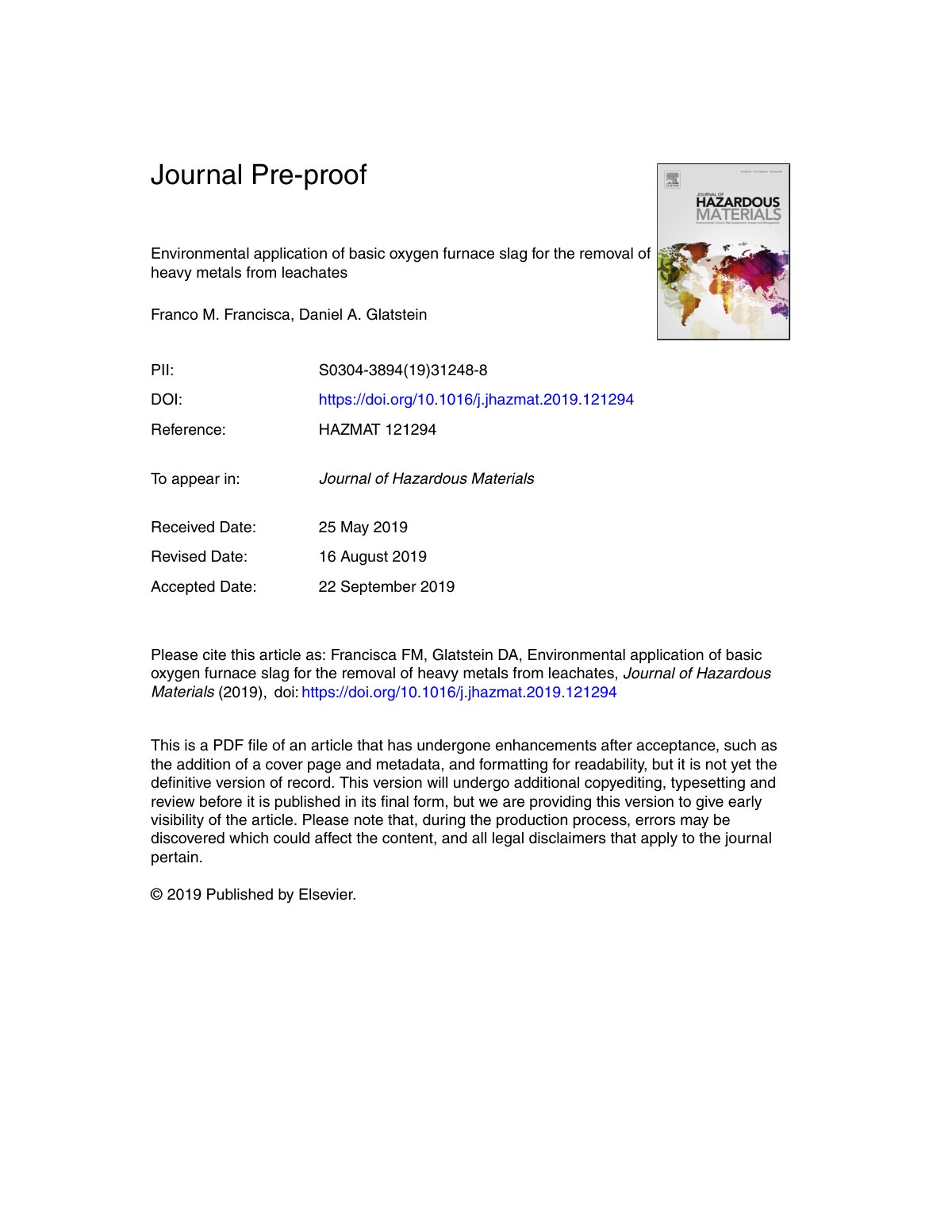 First page of Environmental application of basic oxygen furnace slag for the removal of heavy metals from leachates