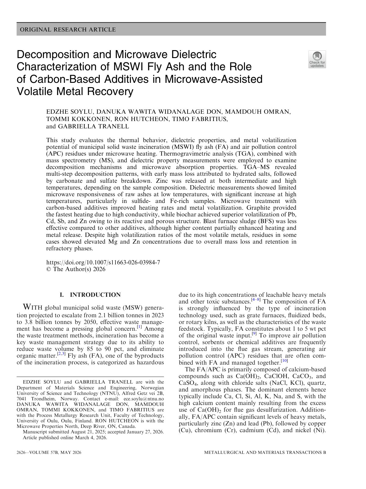 First page of 2026 Soylu Microwave Volatile Metal Recovery