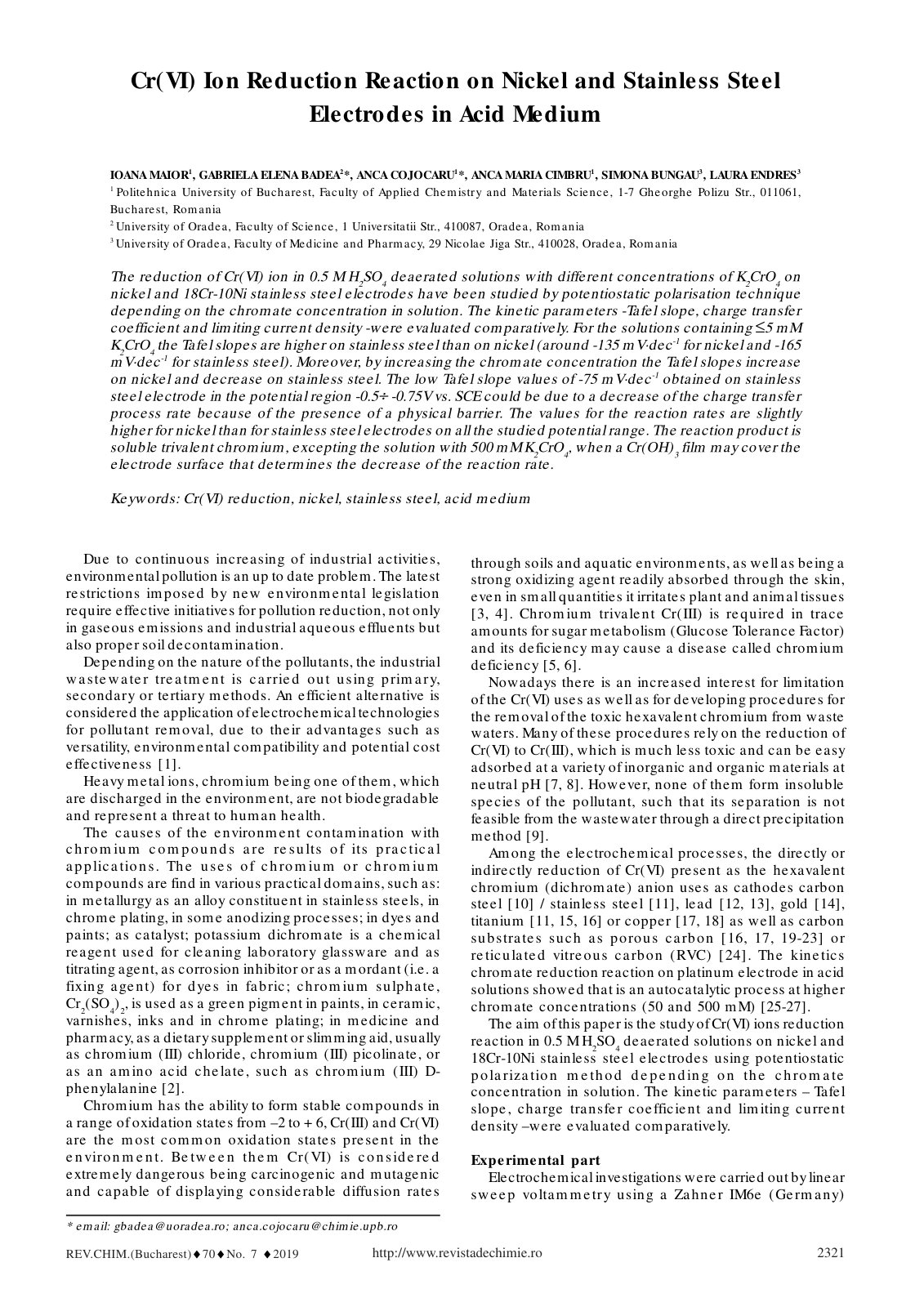 First page of Cr(V I) Ion Reduction Reaction on Nickel and Stainless Steel Electrodes in Acid Medium