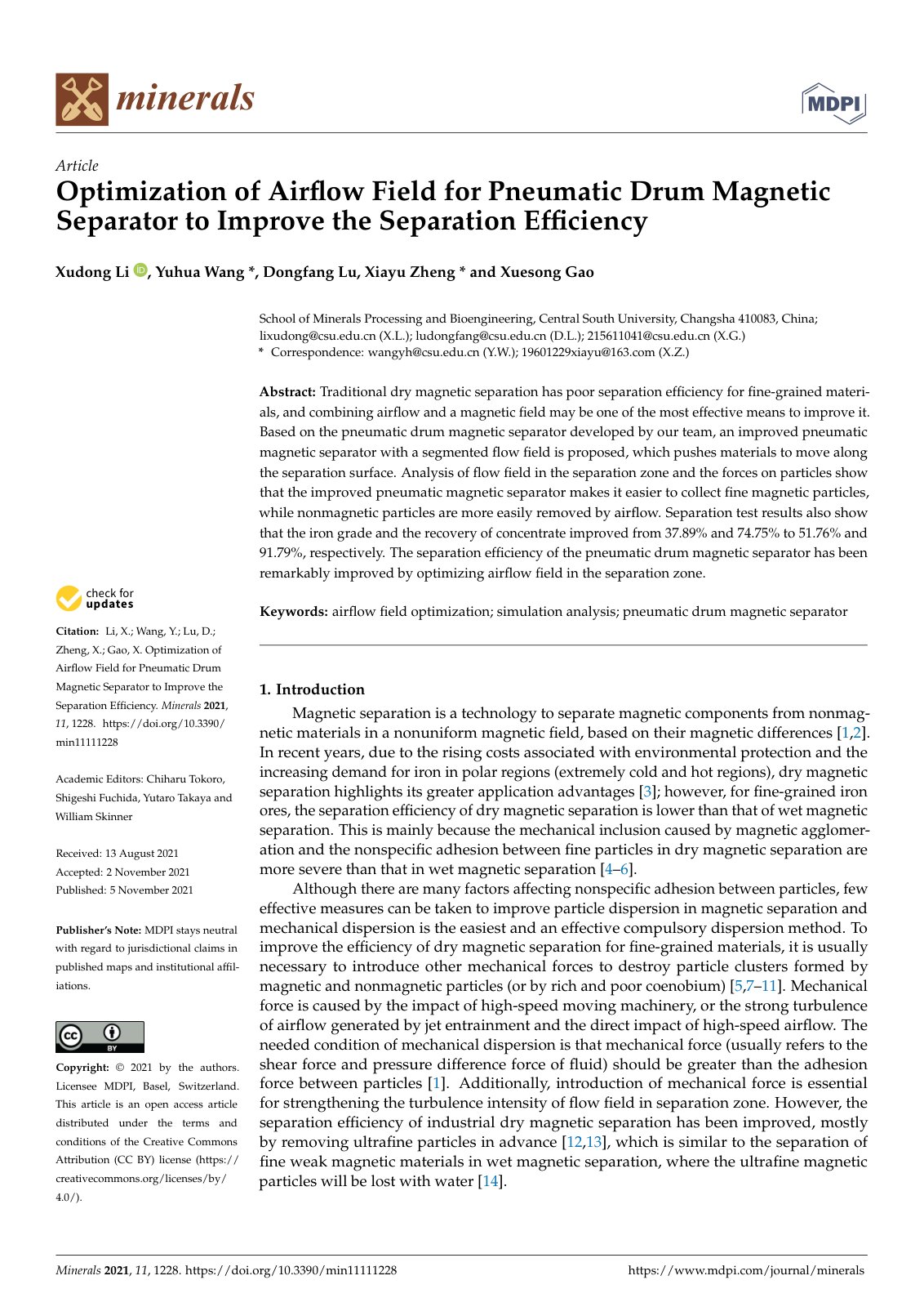 First page of Optimization of Airflow Field for Pneumatic Drum Magnetic Separator to Improve the Separation Efficiency