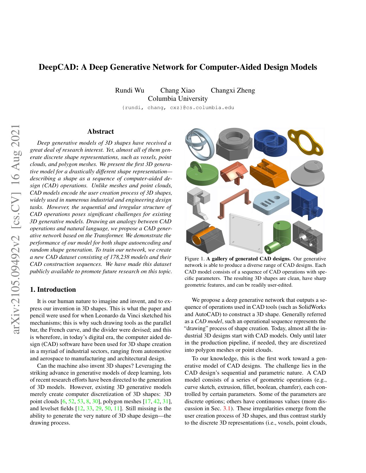 First page of 2021 Wu DeepCAD Generative CAD Models