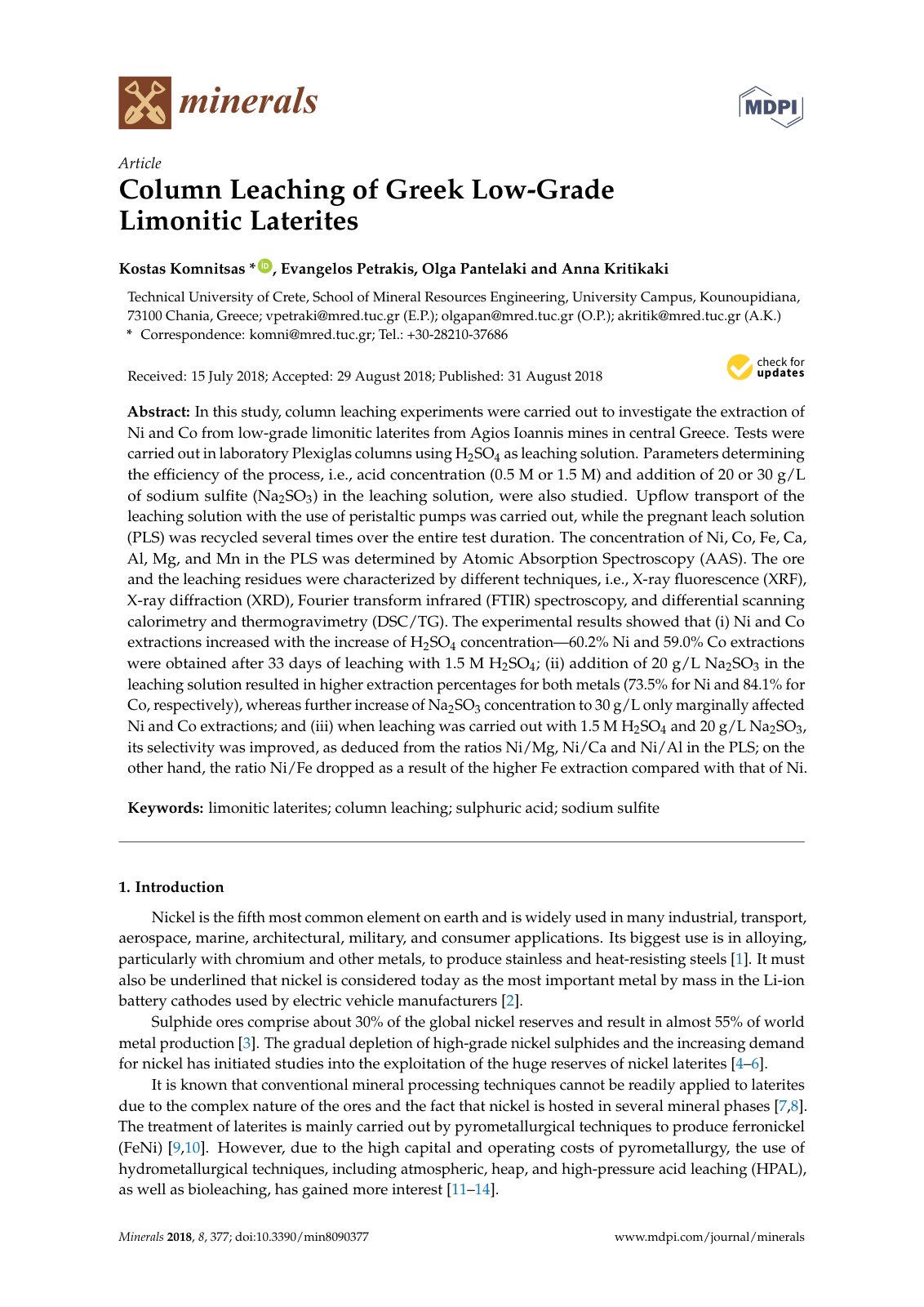 First page of Column Leaching of Greek Low-Grade Limonitic Laterites