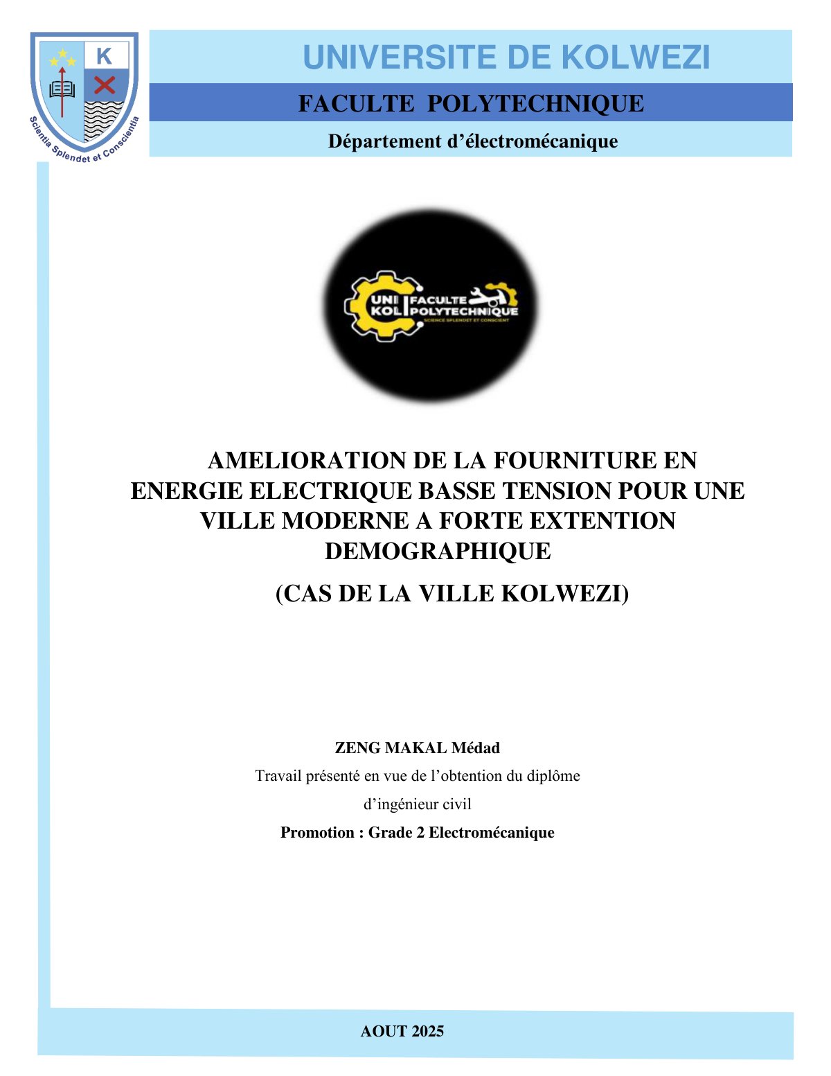 First page of AMELIORATION DE LA FOURNITURE EN ENERGIE ELECTRIQUE BASSE TENSION POUR UNE VILLE MODERNE A FORTE EXTENTION DEMOGRAPHIQUE (CAS DE LA VILLE KOLWEZI)