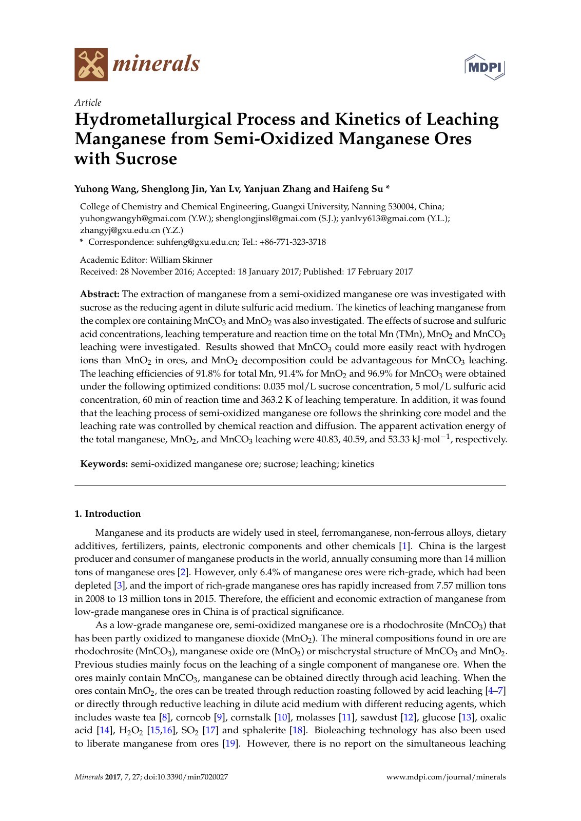 First page of Hydrometallurgical Process and Kinetics of Leaching Manganese from Semi-Oxidized Manganese Ores with Sucrose
