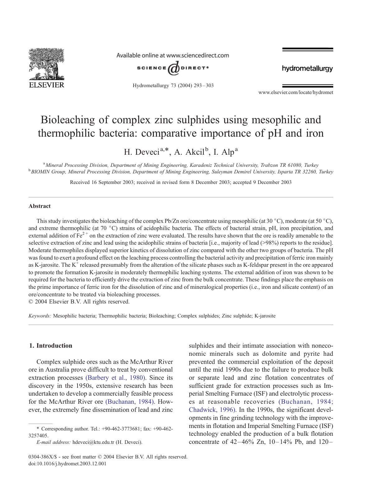 First page of Bioleaching of complex zinc sulphides us