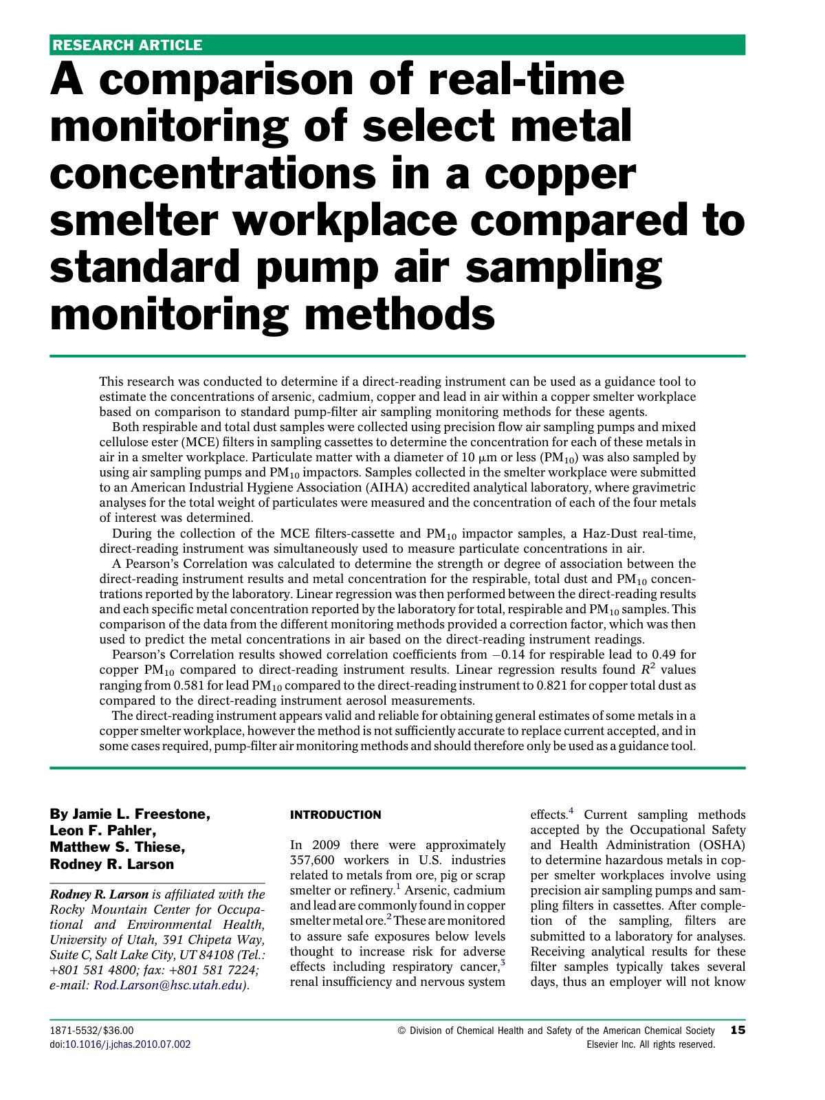 First page of A comparison of real-time monitoring of select metal concentrations in a copper smelter workplace compared to standard pump air sampling monitoring methods