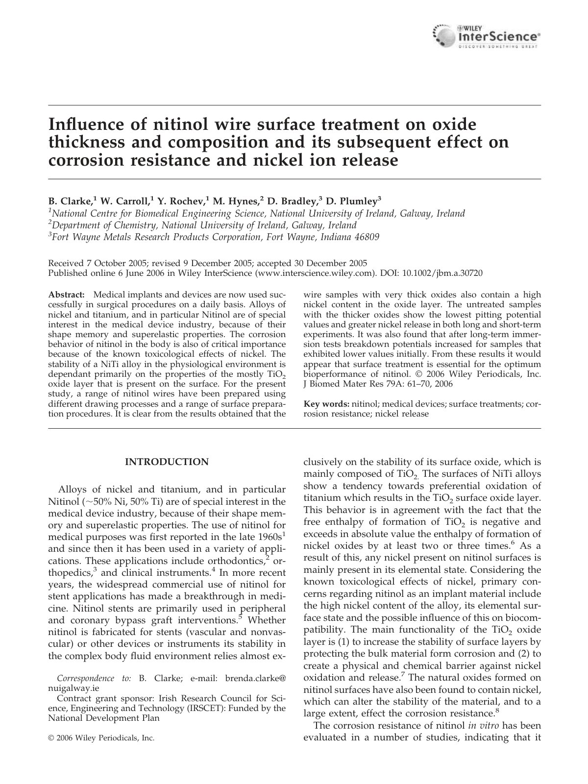 First page of Influence of nitinol wire surface treatment on oxide thickness and composition and its subsequent effect on corrosion resistance and nickel ion release