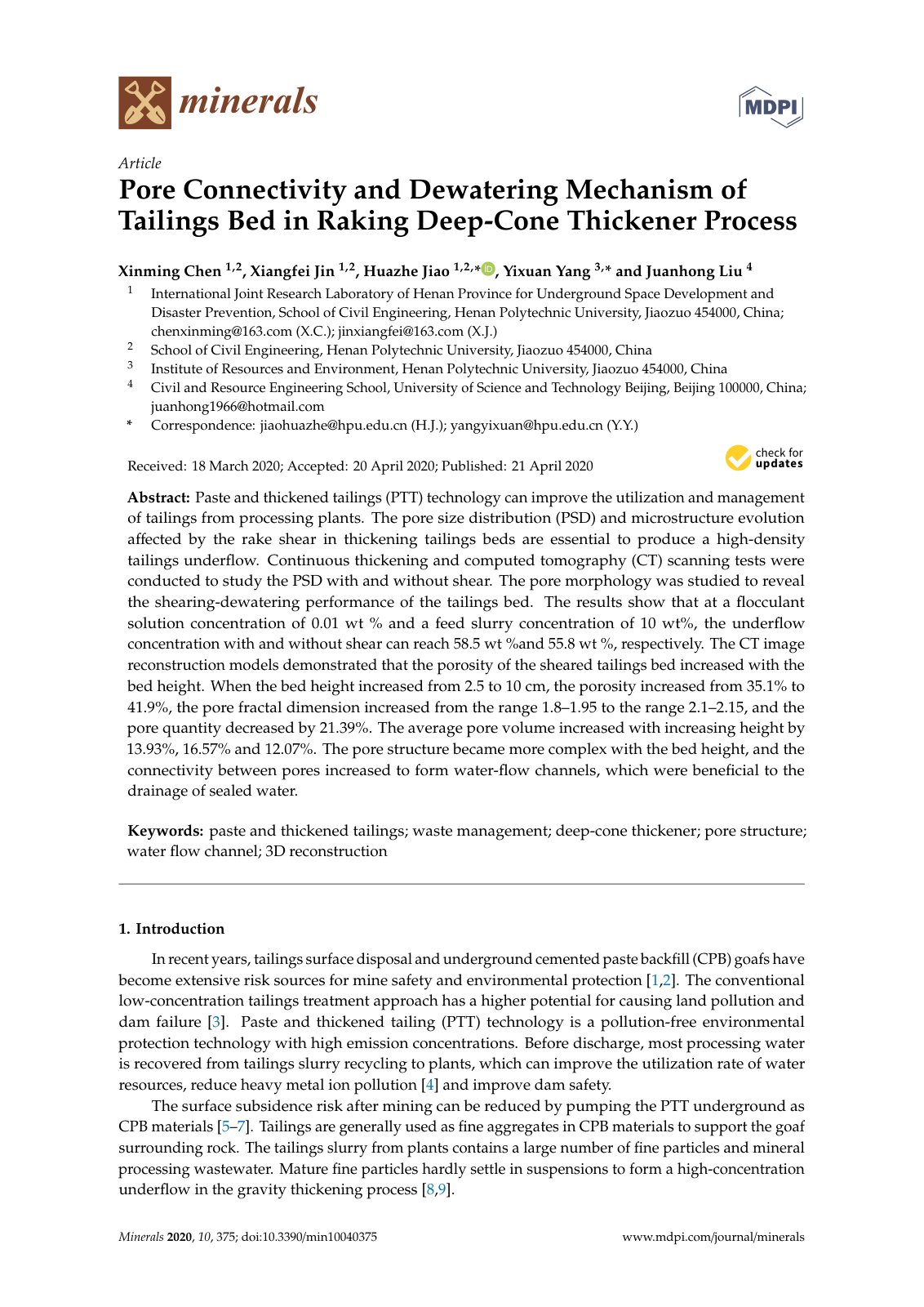 First page of Pore Connectivity and Dewatering Mechanism of Tailings Bed in Raking Deep-Cone Thickener Process