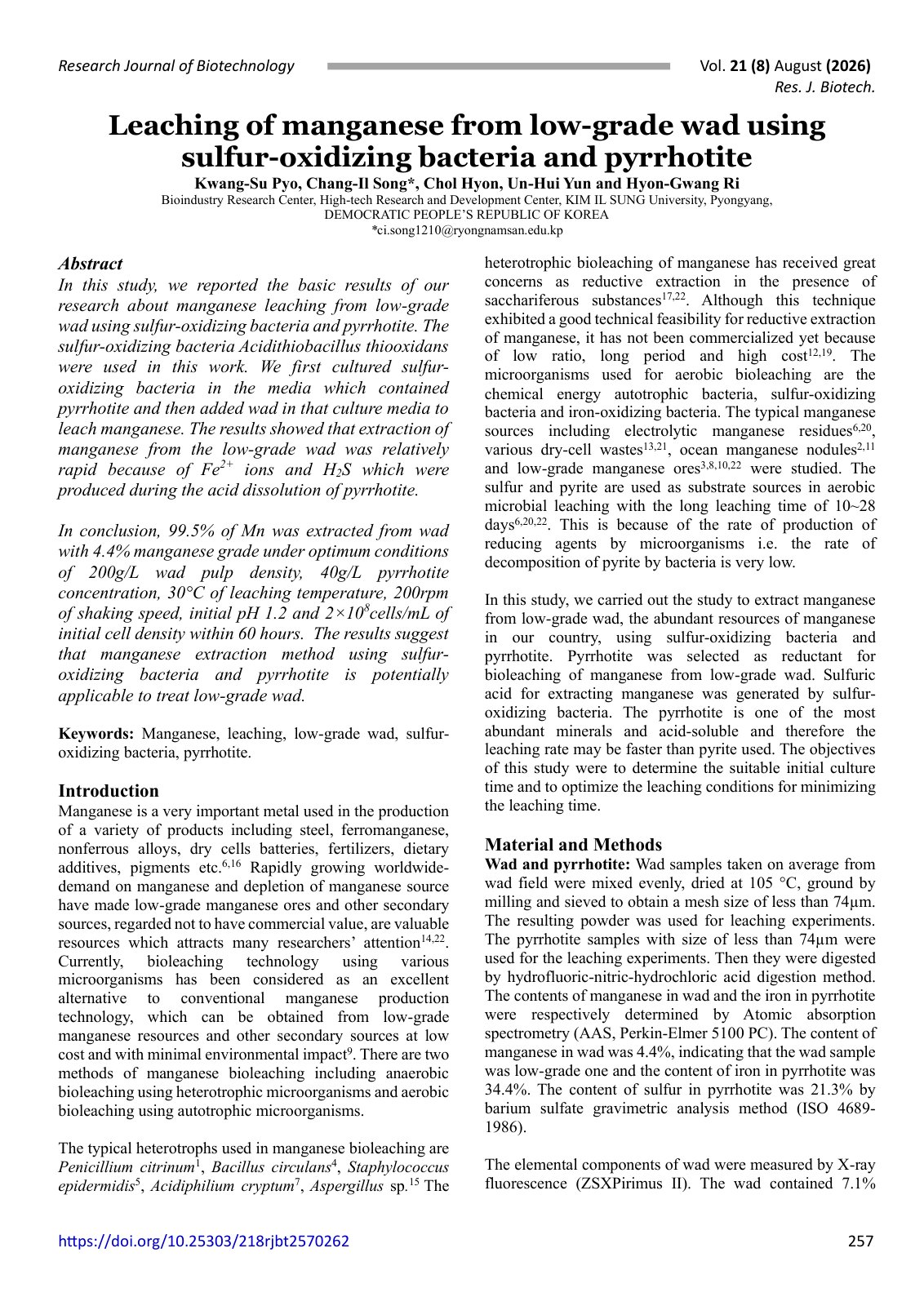 First page of Leaching of manganese from low-grade wad using sulfur-oxidizing bacteria and pyrrhotite