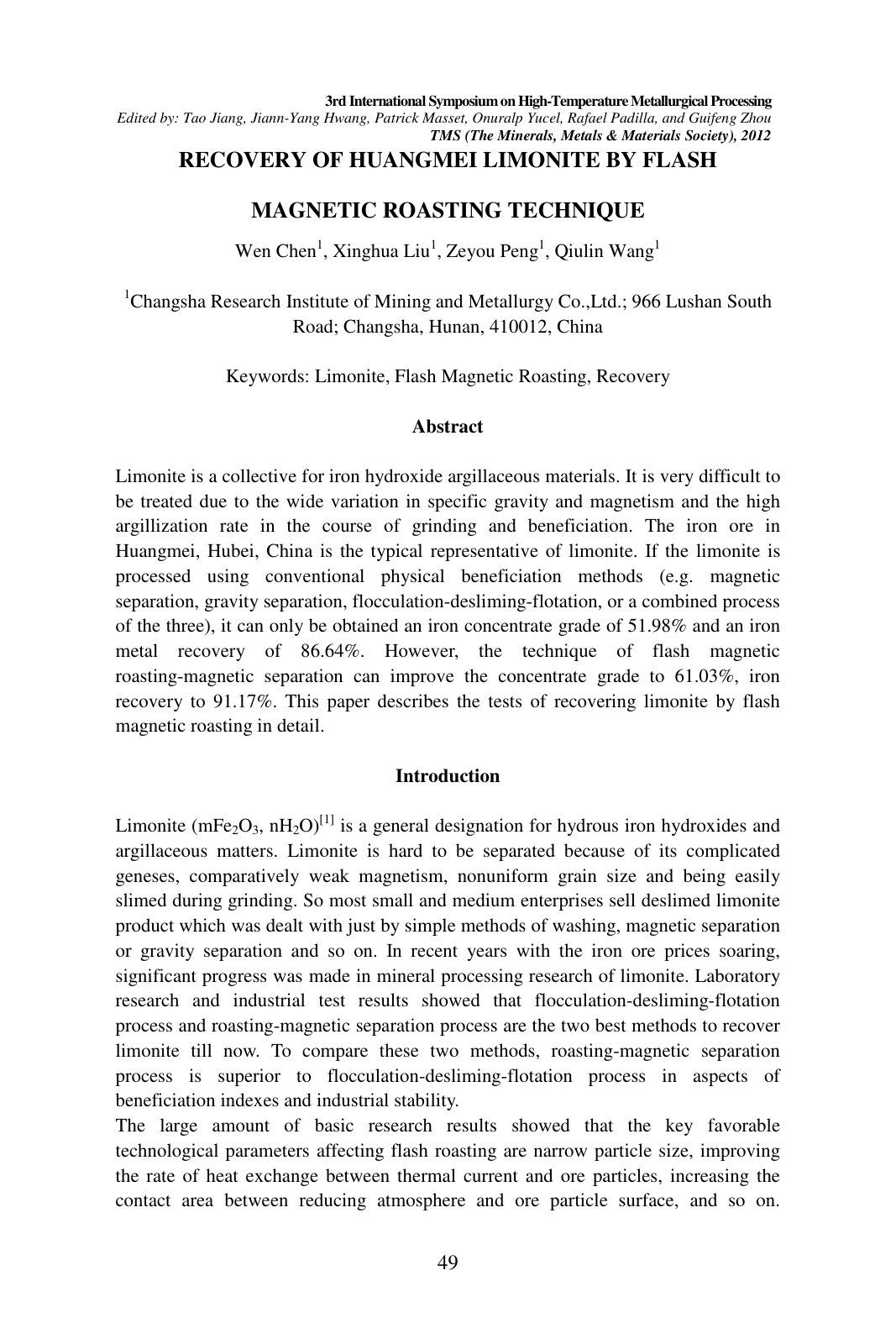 First page of RECOVERY OF HUANGMEI LIMONITE BY FLASH MAGNETIC ROASTING TECHNIQUE