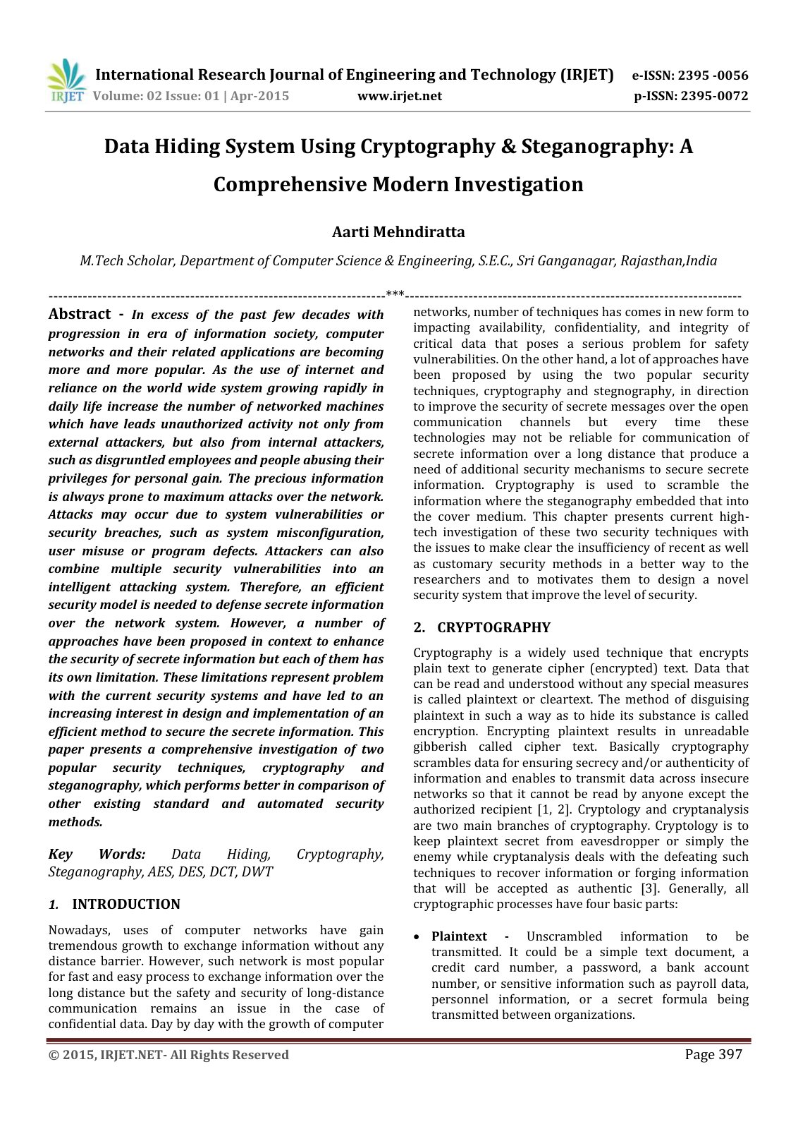 First page of Data Hiding System Using Cryptography & Steganography: A Comprehensive Modern Investigation