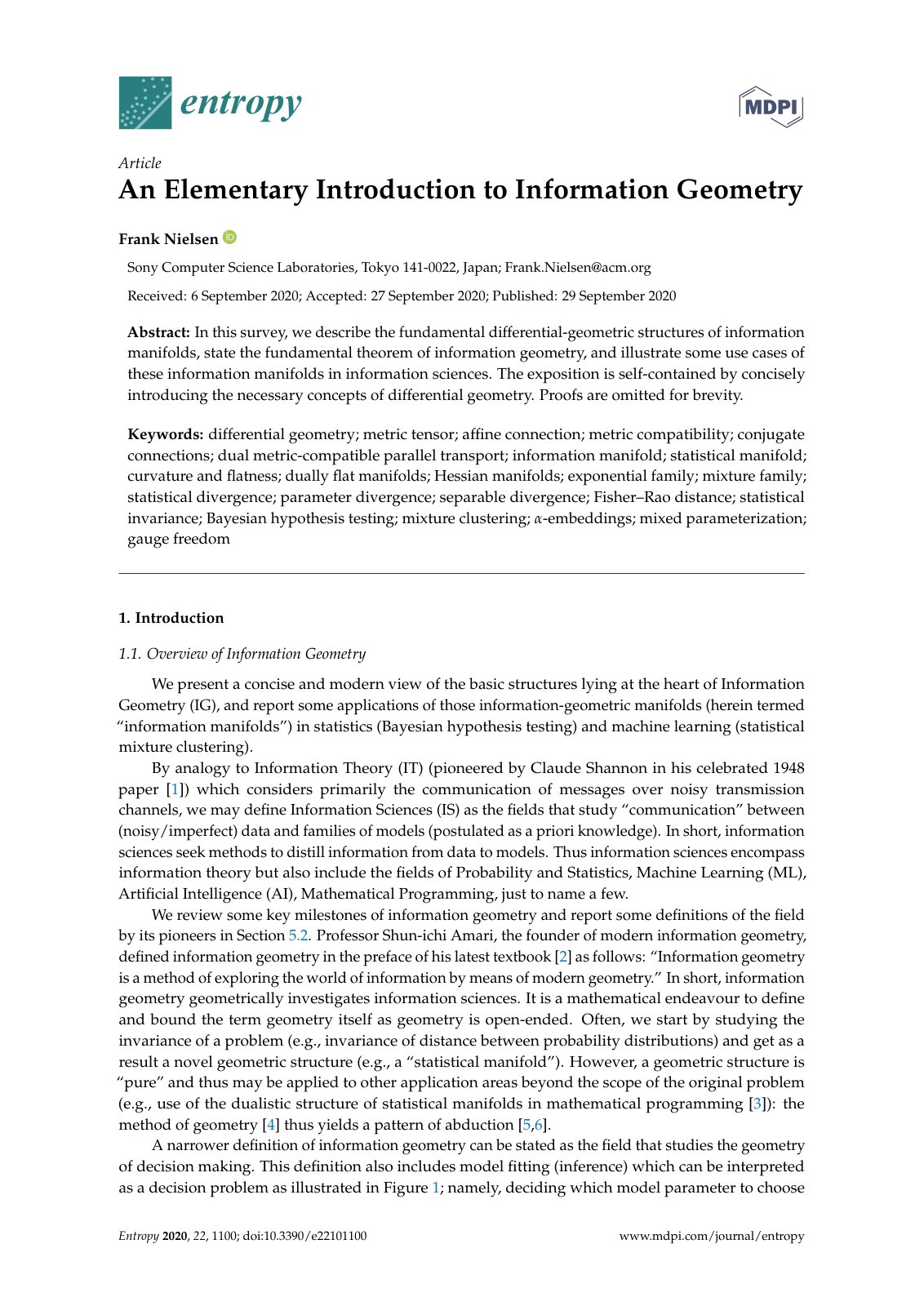 First page of An Elementary Introduction to Information Geometry