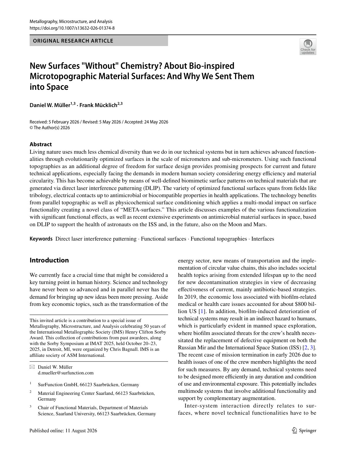 First page of 2026 Muller Bioinspired Microtopographic Surfaces