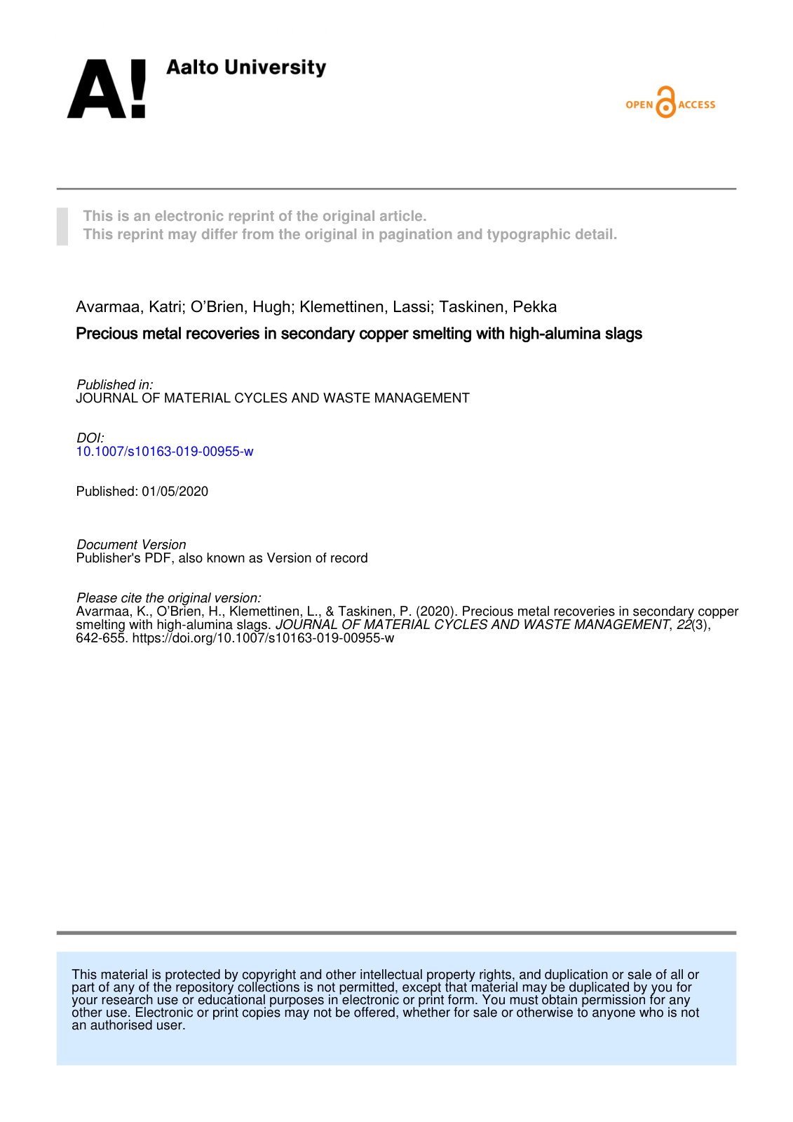 First page of Precious metal recoveries in secondary copper smelting with high-alumina slags