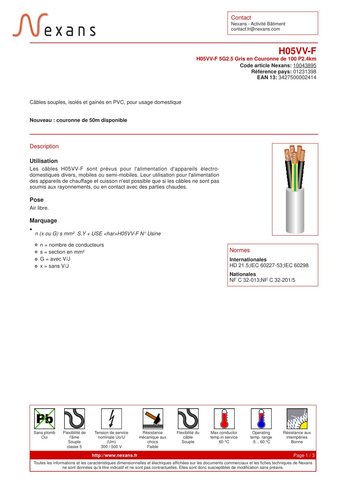 First page of H05VV-F 5G2.5 Gris en Couronne de 100 P2.4km