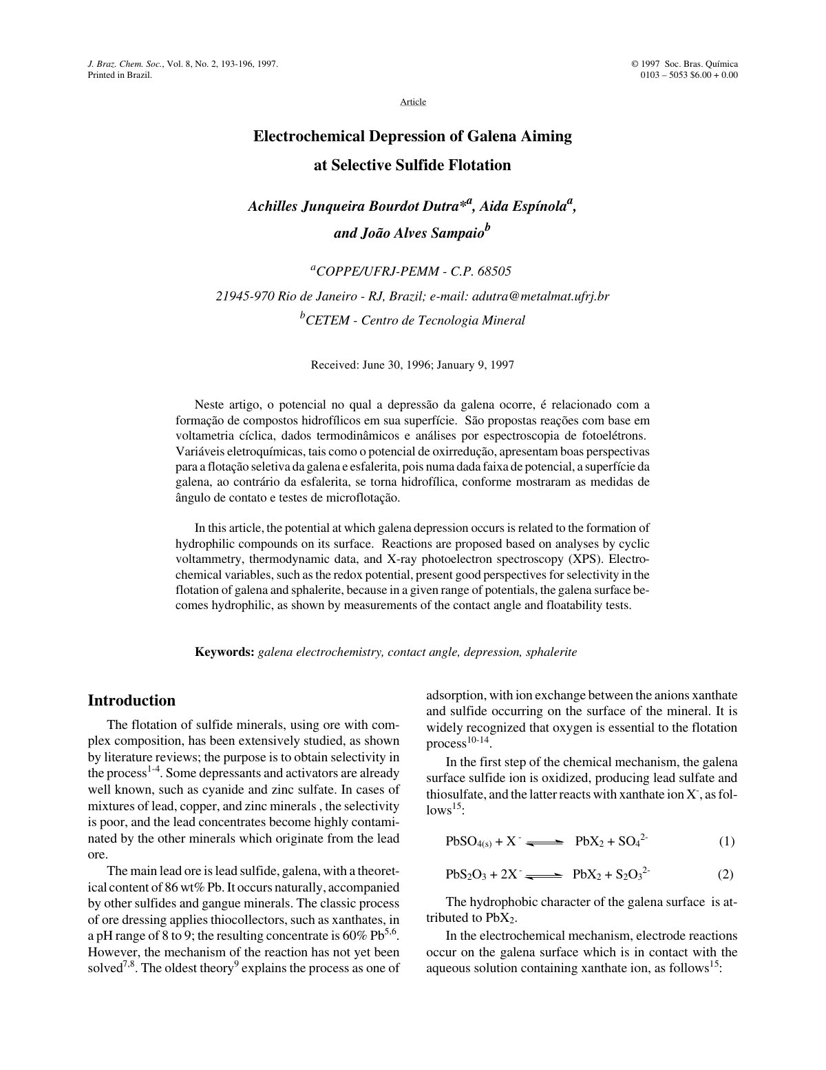 First page of Electrochemical depression of galena aim