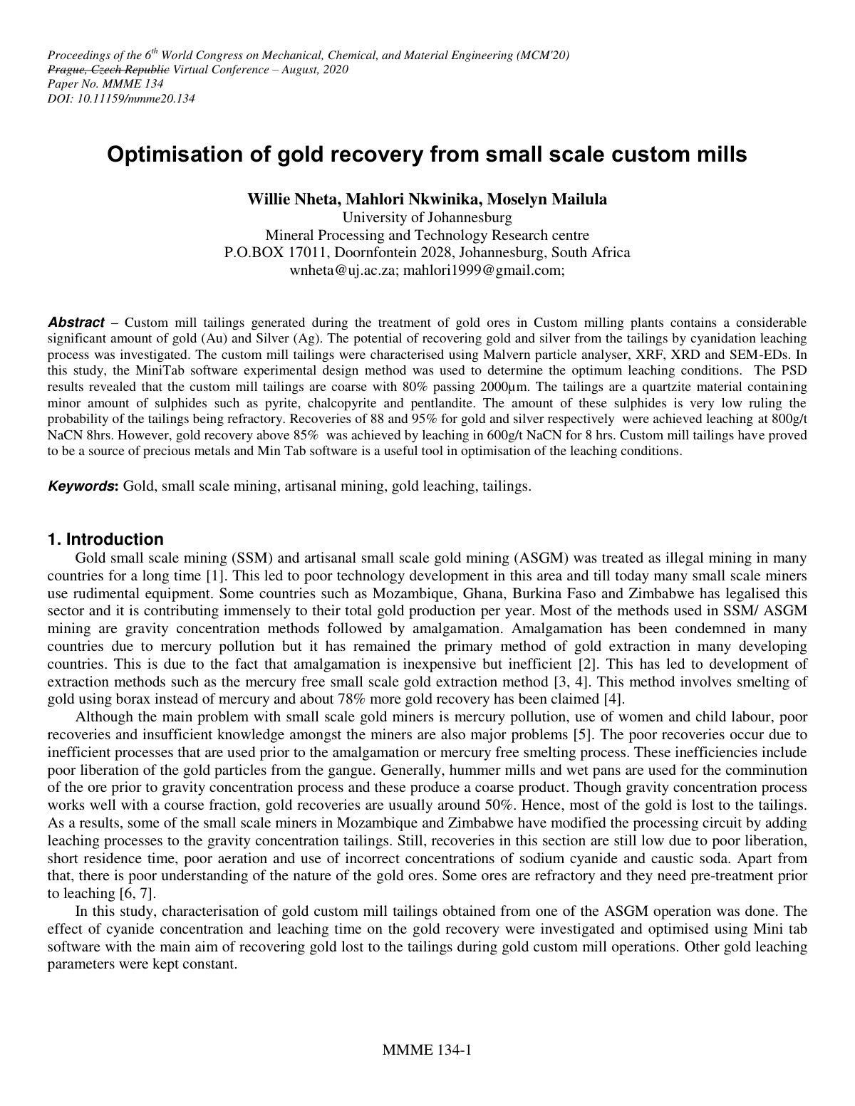 First page of Optimisation of gold recovery from small