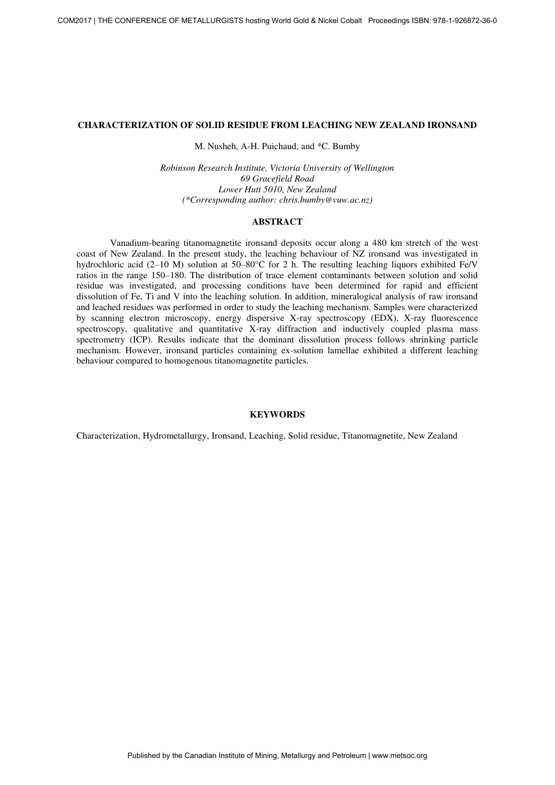 First page of CHARACTERIZATION OF SOLID RESIDUE FROM LEACHING NEW ZEALAND IRONSAND