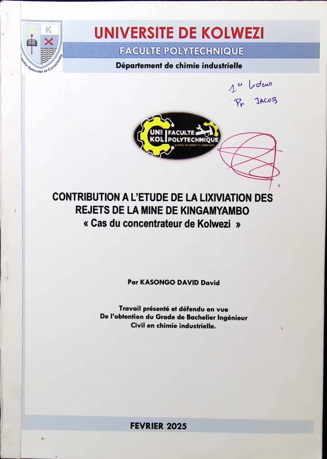 First page of CONTRIBUTION A L’ETUDE DE LA LIXIVIATION DES REJETS DE LA MINE DE KINGAMYAMBO « Cas du concentrateur de Kolwezi »