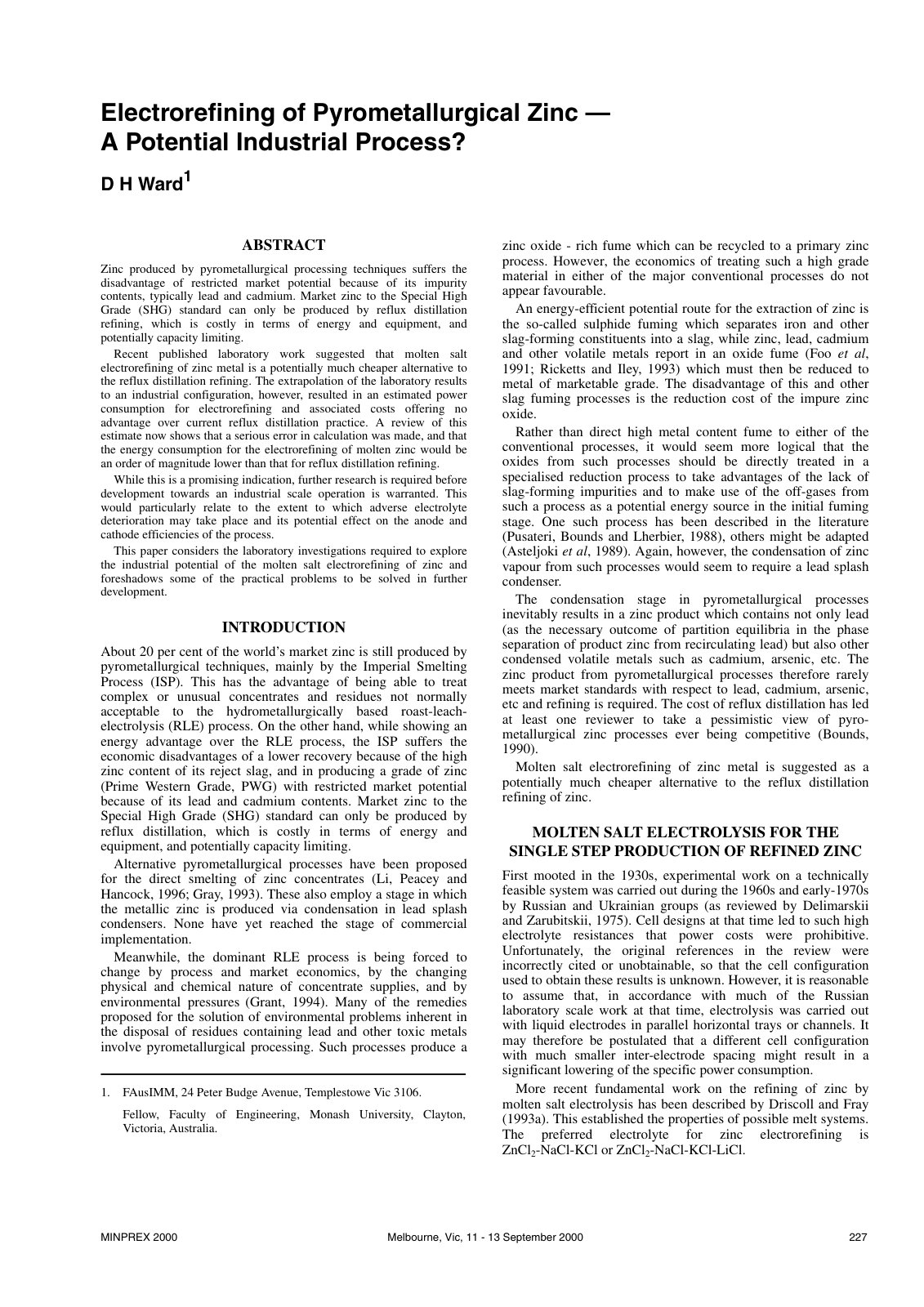 First page of Electrorefining of Pyrometallurgical Zinc   A potential industrial process