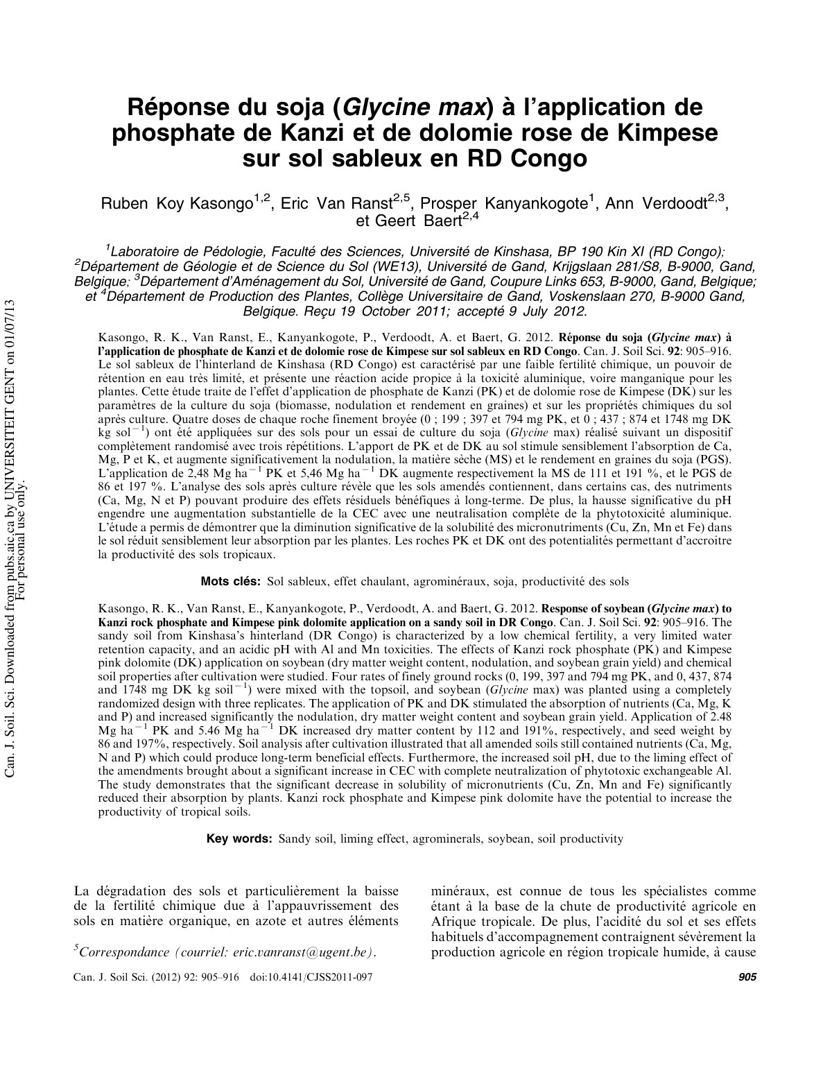 First page of Reponse du soja Glycine max a lapplicati