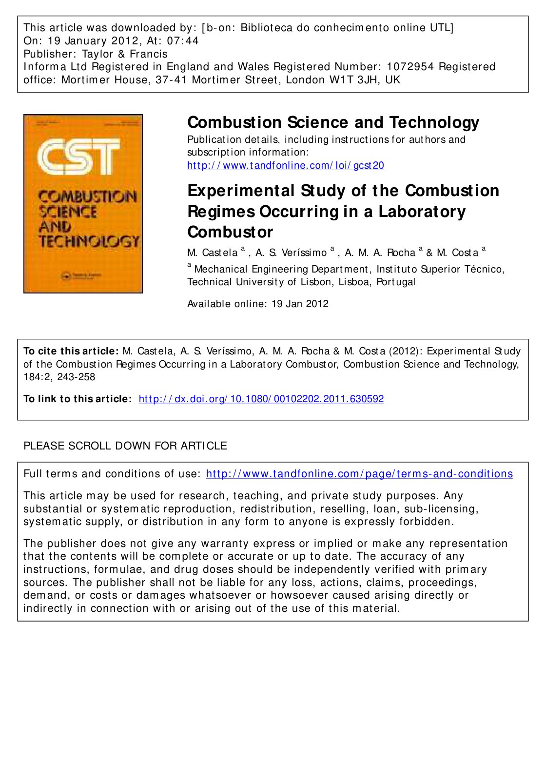 First page of Combustion Science and Technology Experi