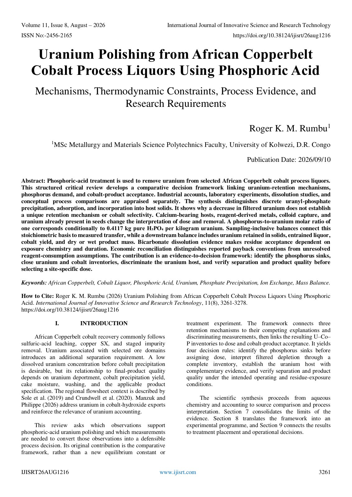 First page of Uranium Polishing from African Copperbelt Cobalt Process Liquors Using Phosphoric Acid