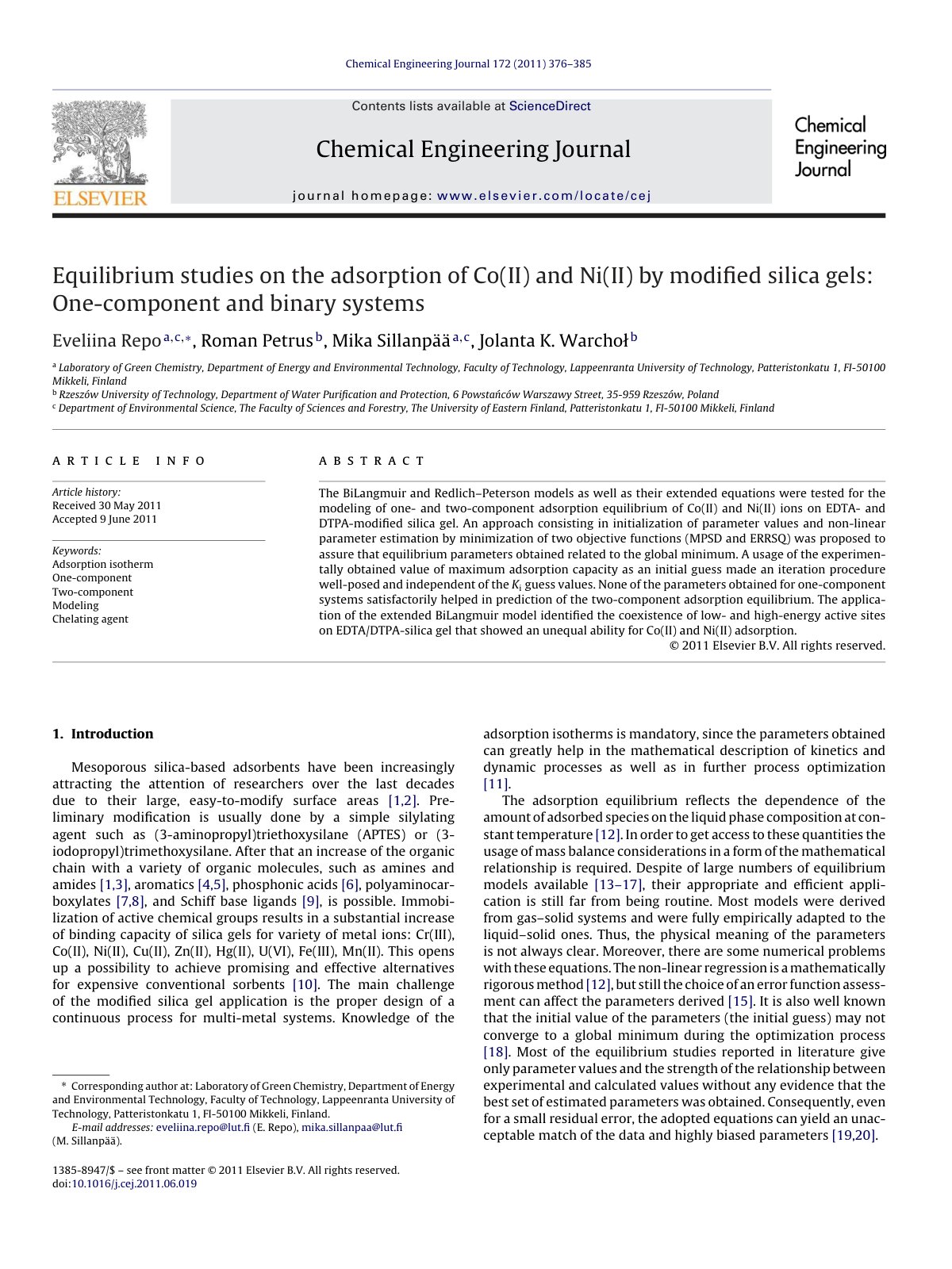 First page of Equilibrium studies on the adsorption of