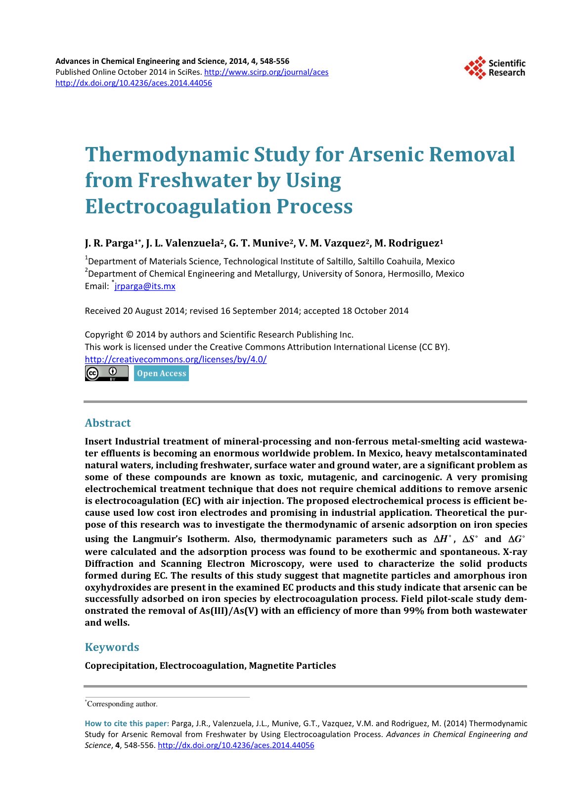 First page of Thermodynamic Study for Arsenic Removal from Freshwater by Using Electrocoagulation Process