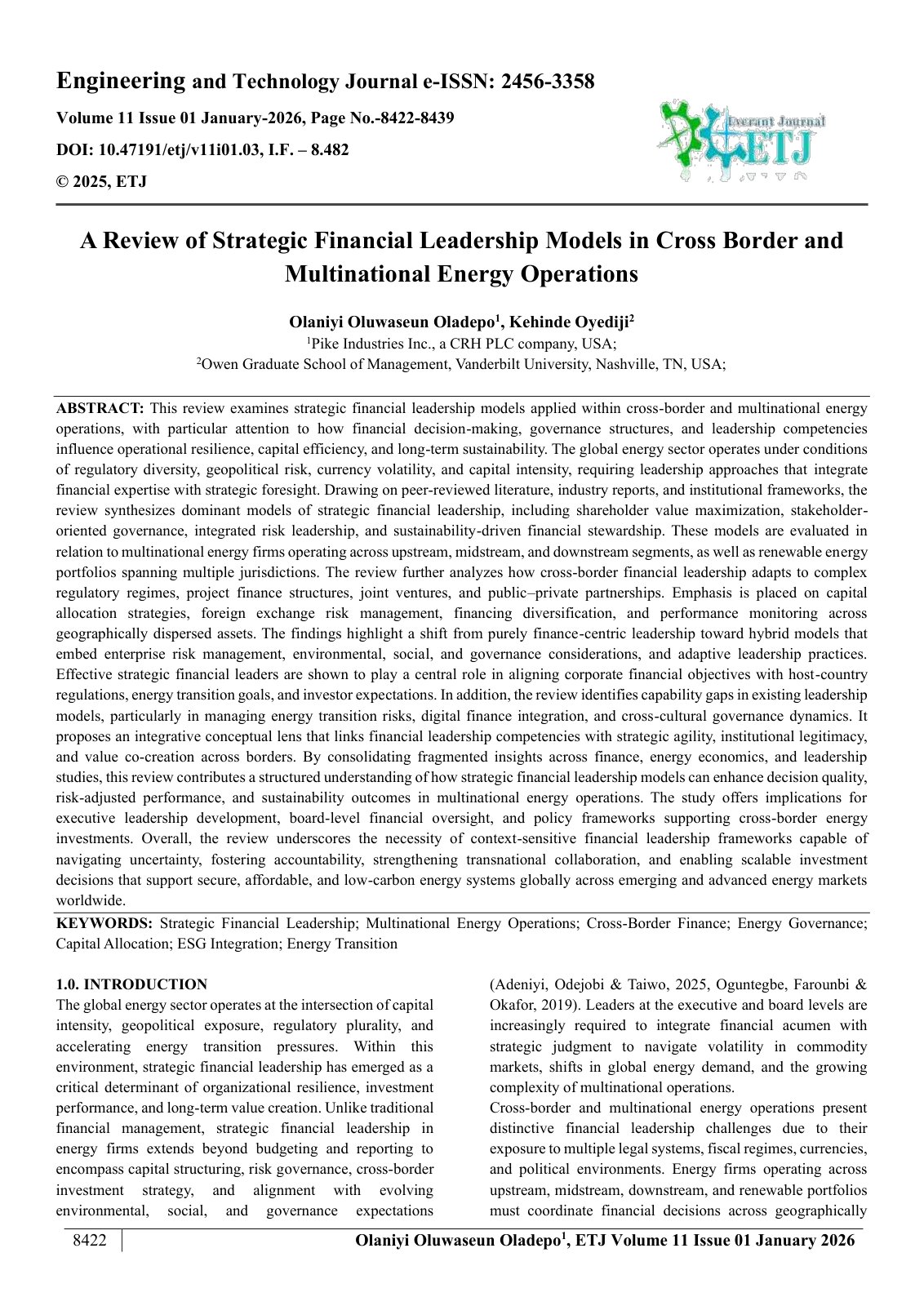 First page of A Review of Strategic Financial Leadership Models in Cross Border and  Multinational Energy Operations 