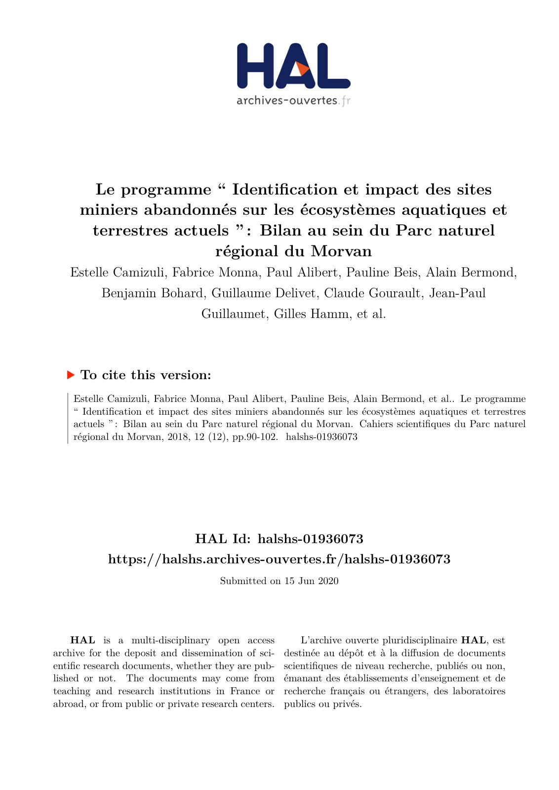 First page of Le programme “ Identification et impact des sites miniers abandonnés sur les écosystèmes aquatiques et terrestres actuels ” : Bilan au sein du Parc naturel régional du Morvan