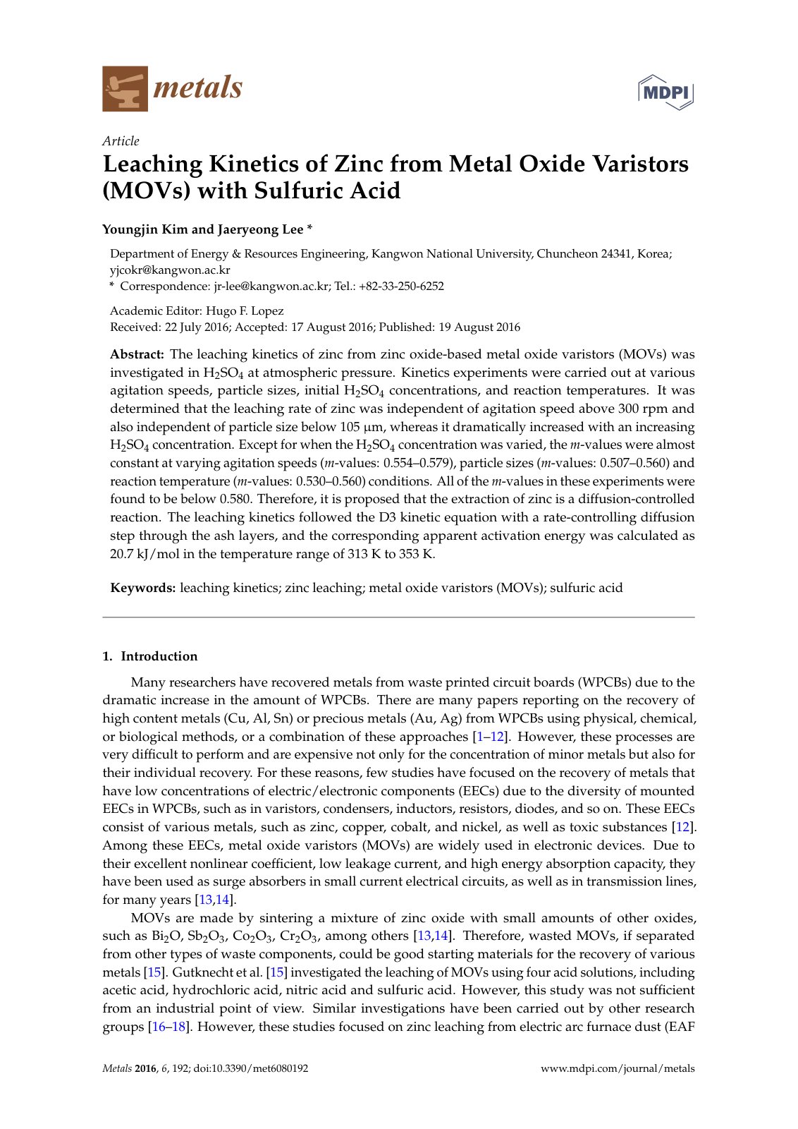 First page of Leaching Kinetics of Zinc from Metal Oxide Varistors (MOVs) with Sulfuric Acid