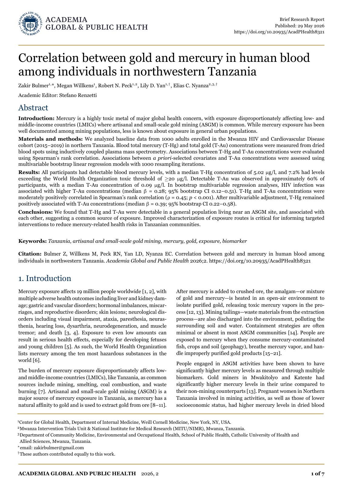 First page of Correlation between gold and mercury in human blood among individuals in northwestern Tanzania