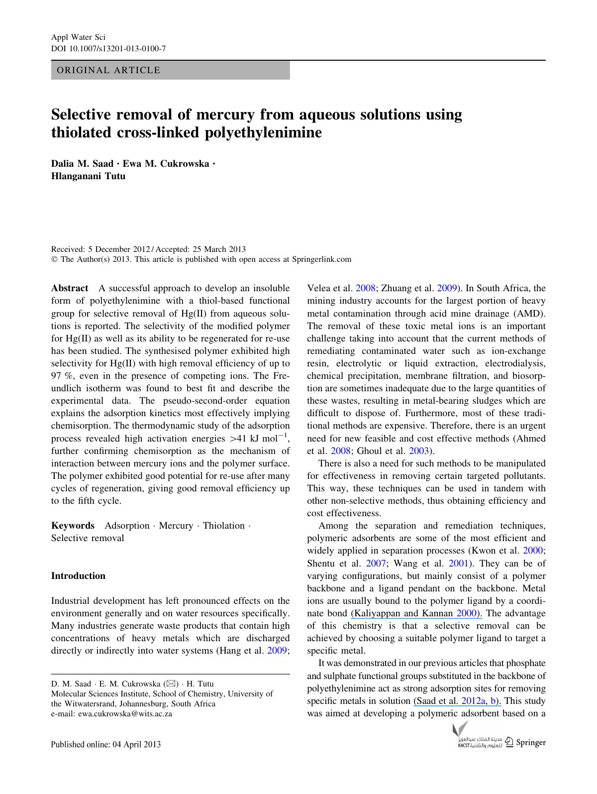 First page of Selective removal of mercury from aqueous solutions using thiolated cross-linked polyethylenimine