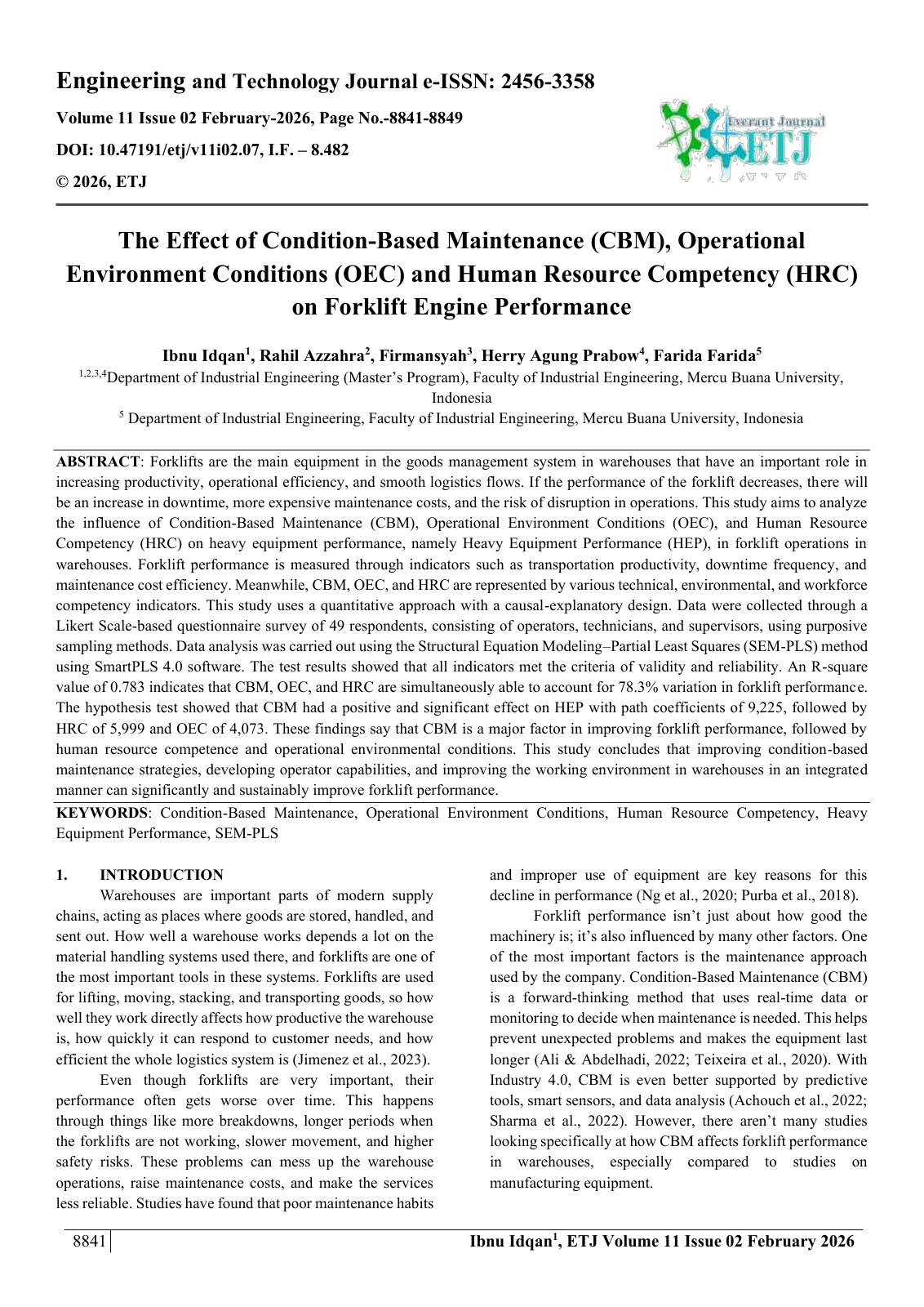First page of The Effect of Condition-Based Maintenance (CBM), Operational  Environment Conditions (OEC) and Human Resource Competency (HRC)  on Forklift Engine Performance 