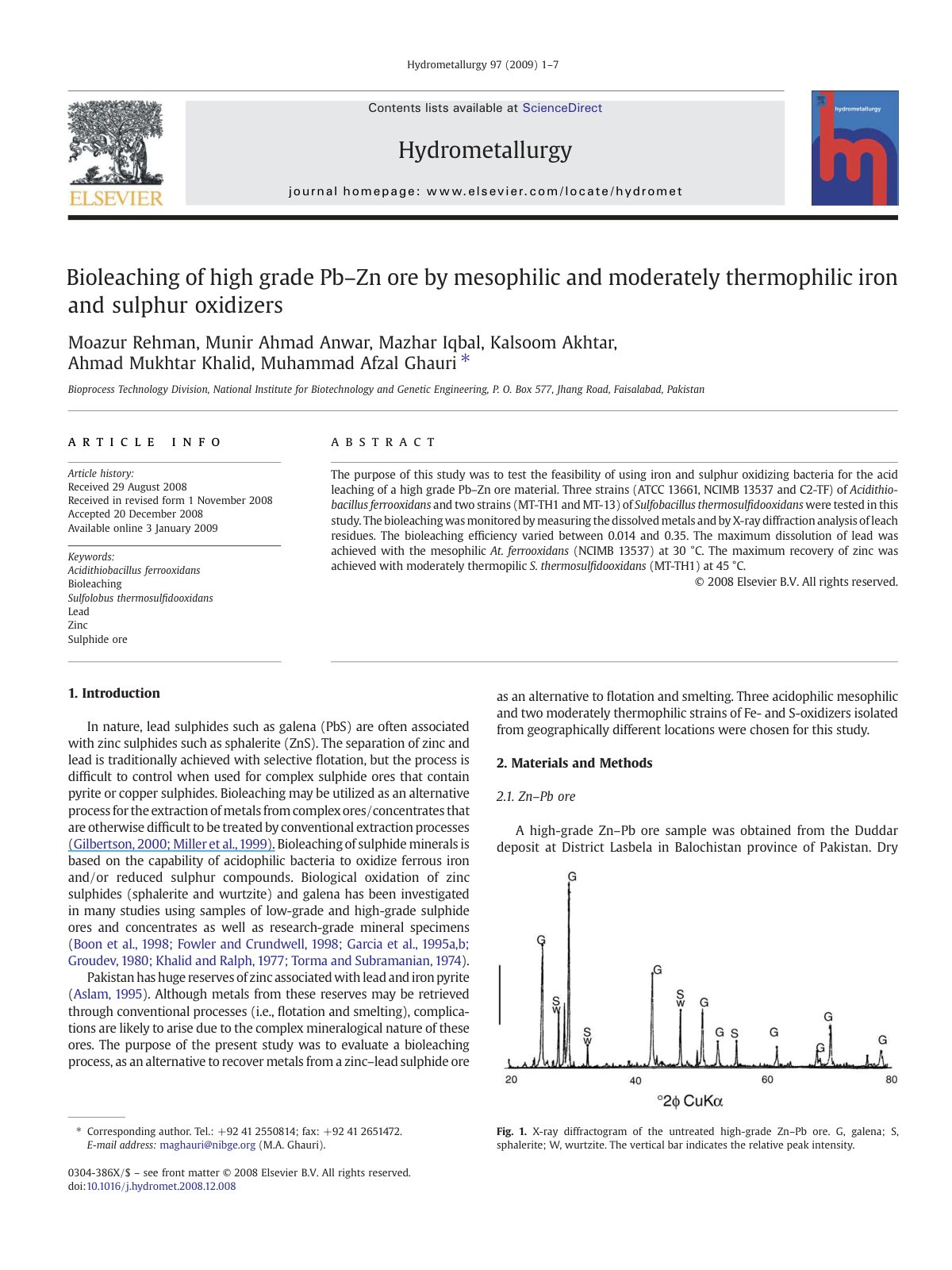 First page of Bioleaching of high grade Pb Zn ore by m