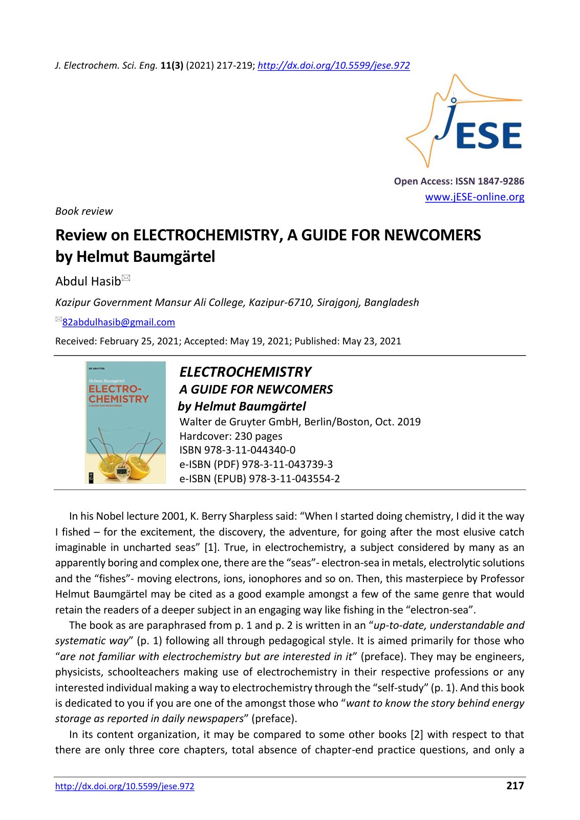 First page of Review on ELECTROCHEMISTRY A GUIDE FOR N