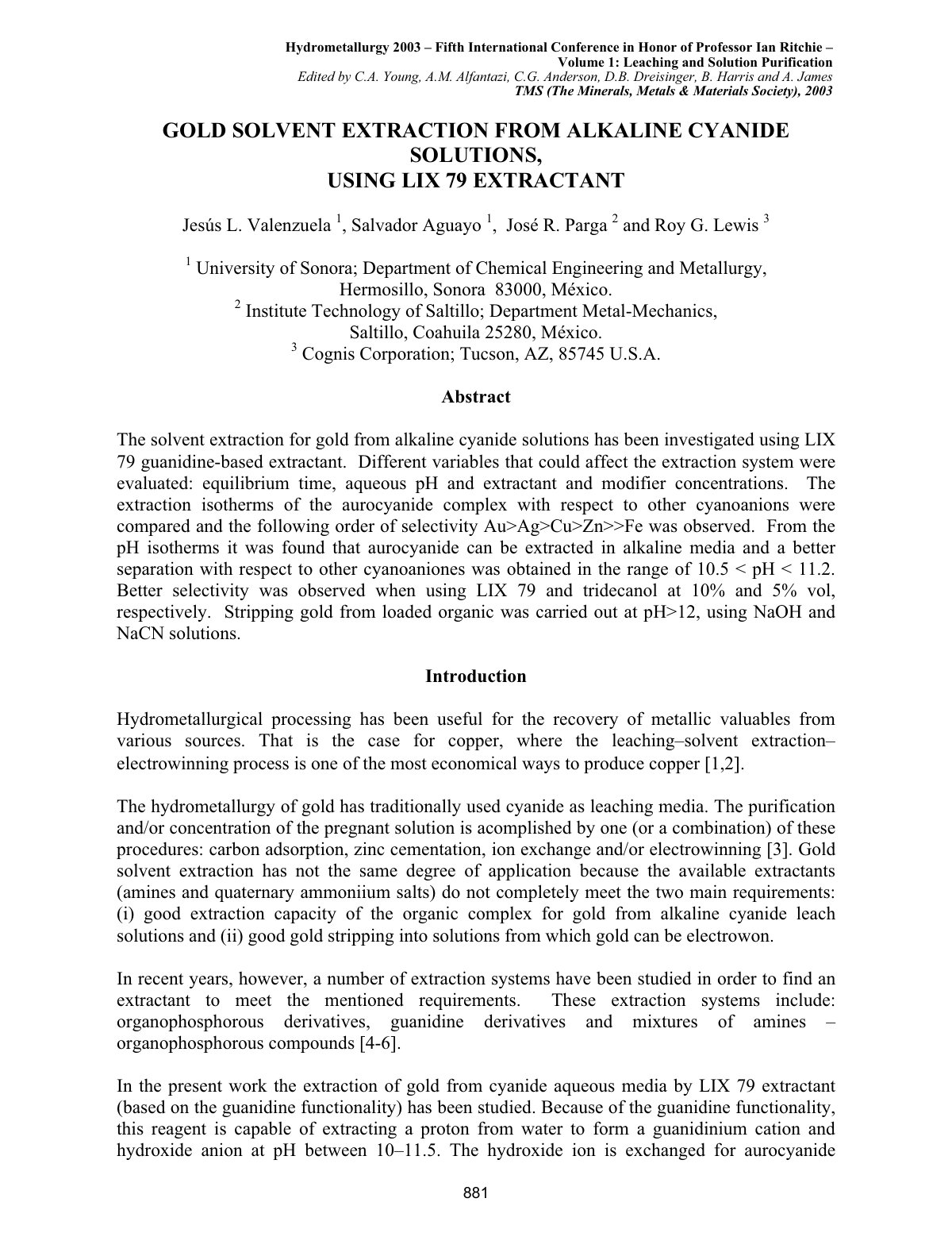 First page of Gold Solvent Extraction From Alkaline Cyanide Solutions,Using LIX 79 Extractant