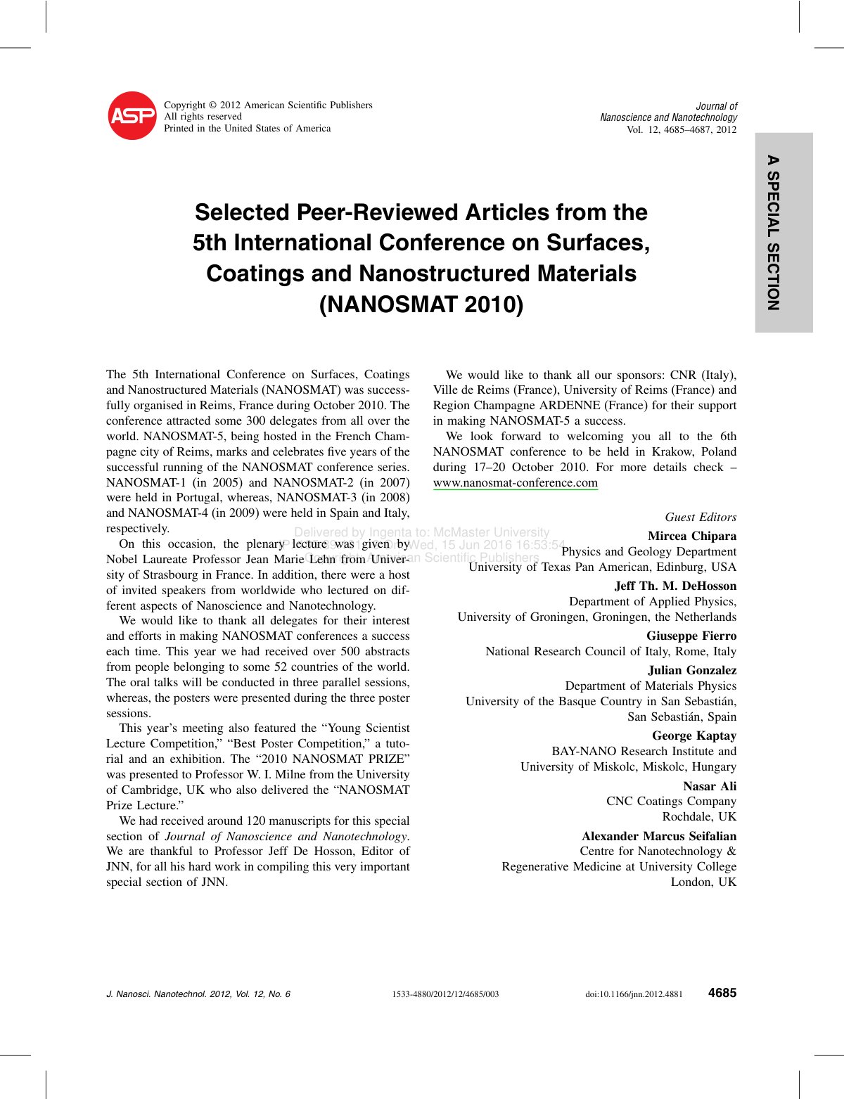First page of Selected Peer Reviewed Articles from the