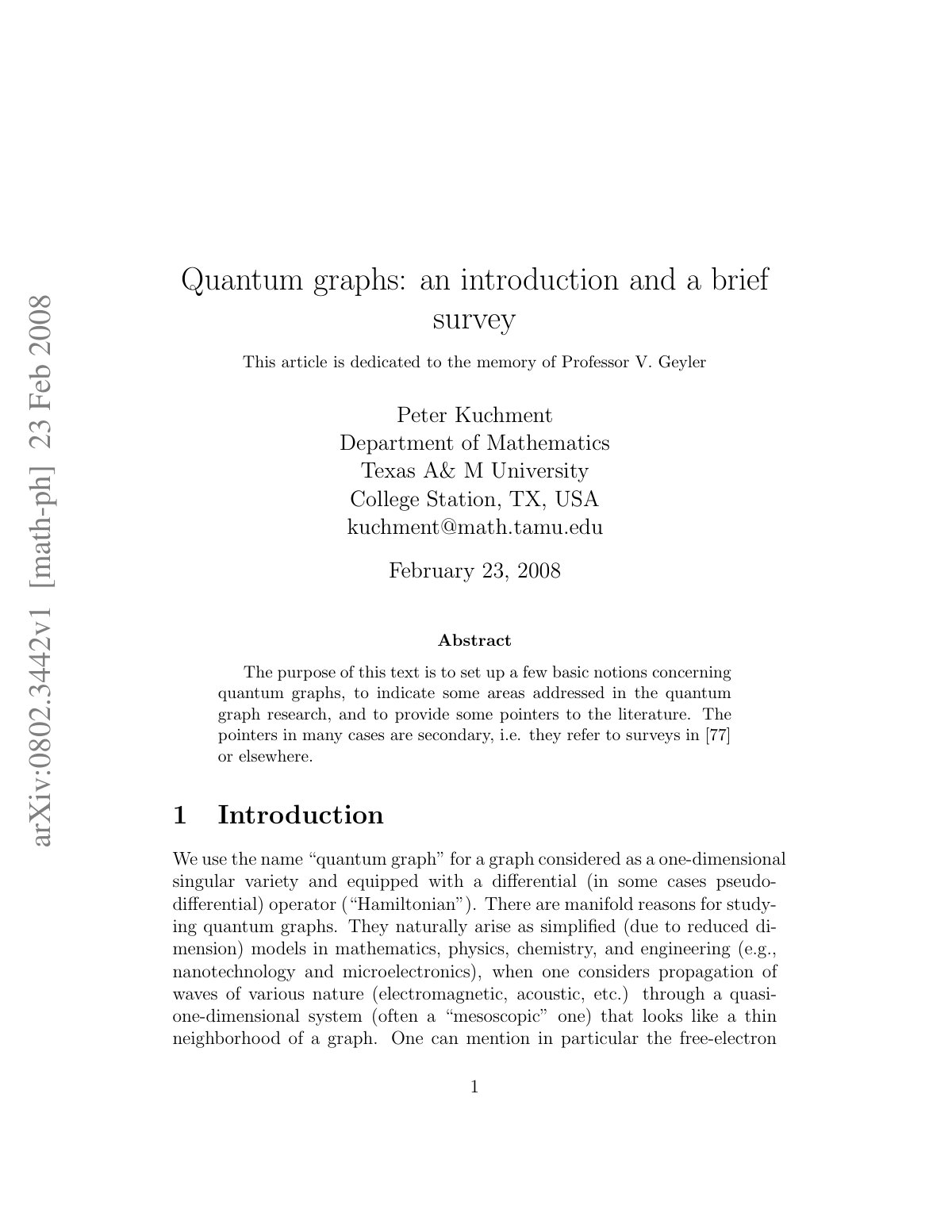 First page of Quantum graphs: an introduction and a brief survey