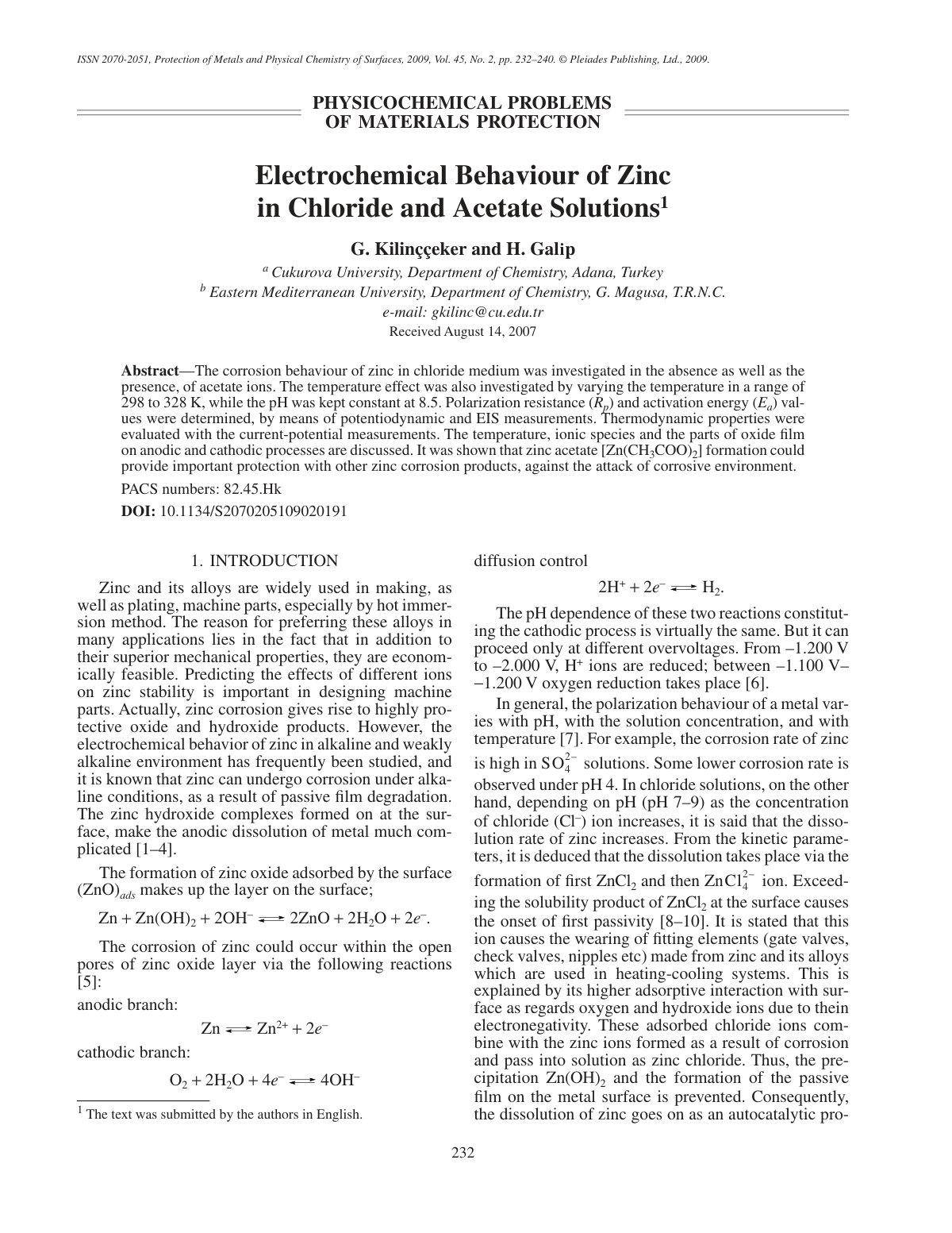First page of Electrochemical behaviour of zinc in chl