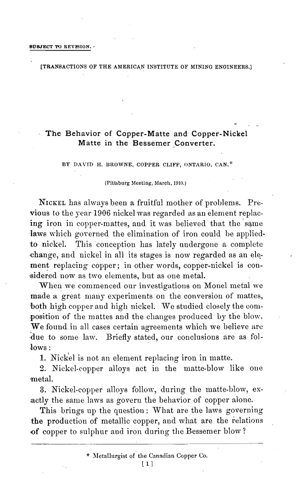 First page of The Behavior of Copper-Matte and Copper-Nickel Matte in the Bessemer Converter