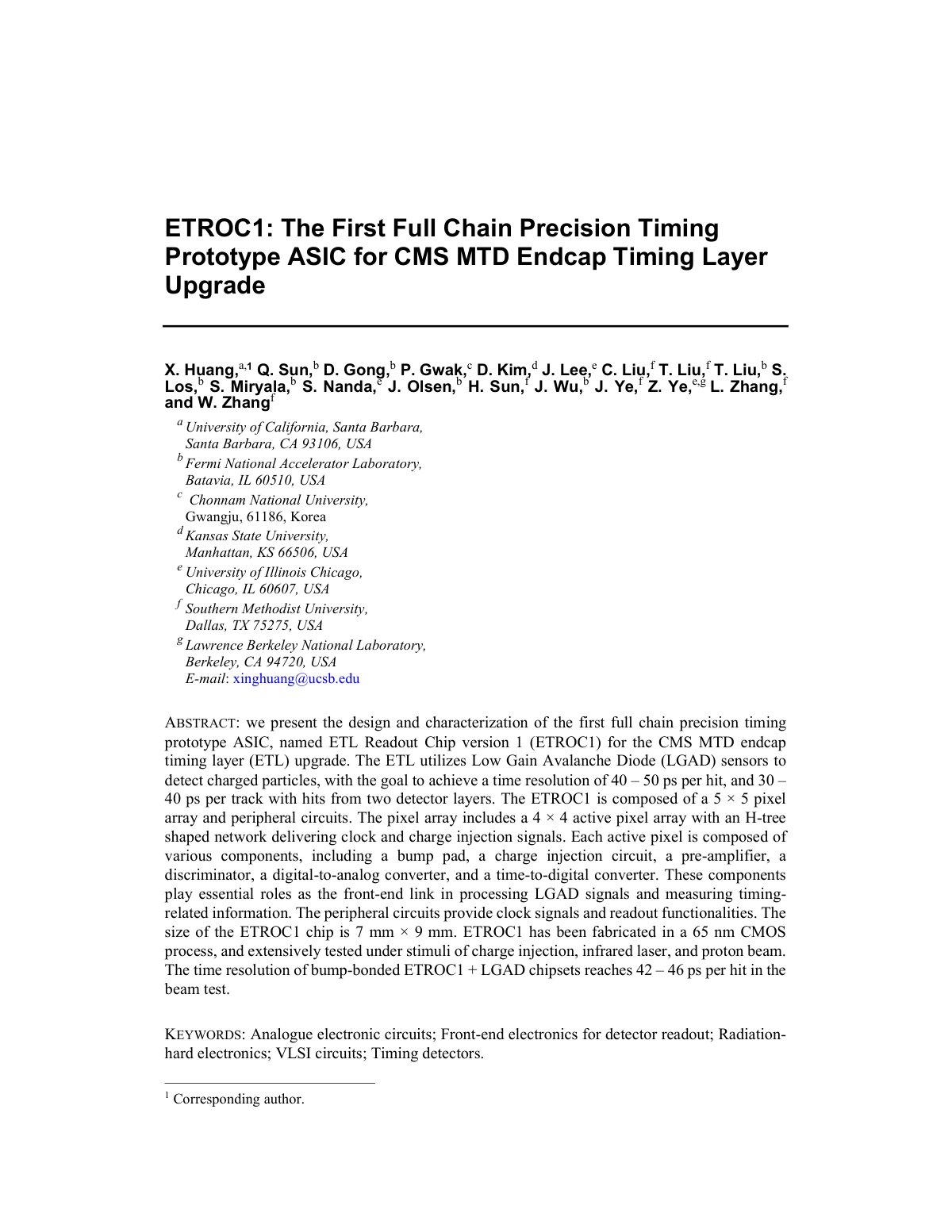 First page of ETROC1: The First Full Chain Precision Timing Prototype ASIC for CMS MTD Endcap Timing Layer Upgrade