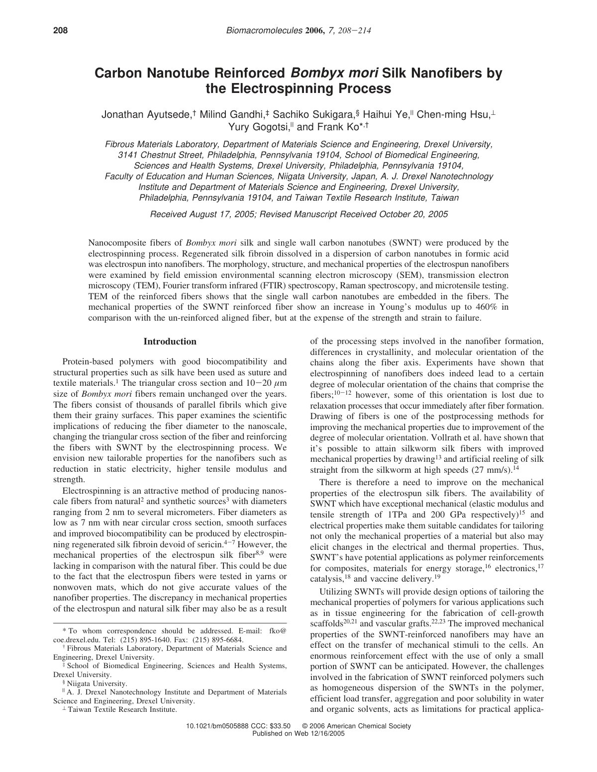First page of Carbon Nanotube Reinforced Bombyx mori S