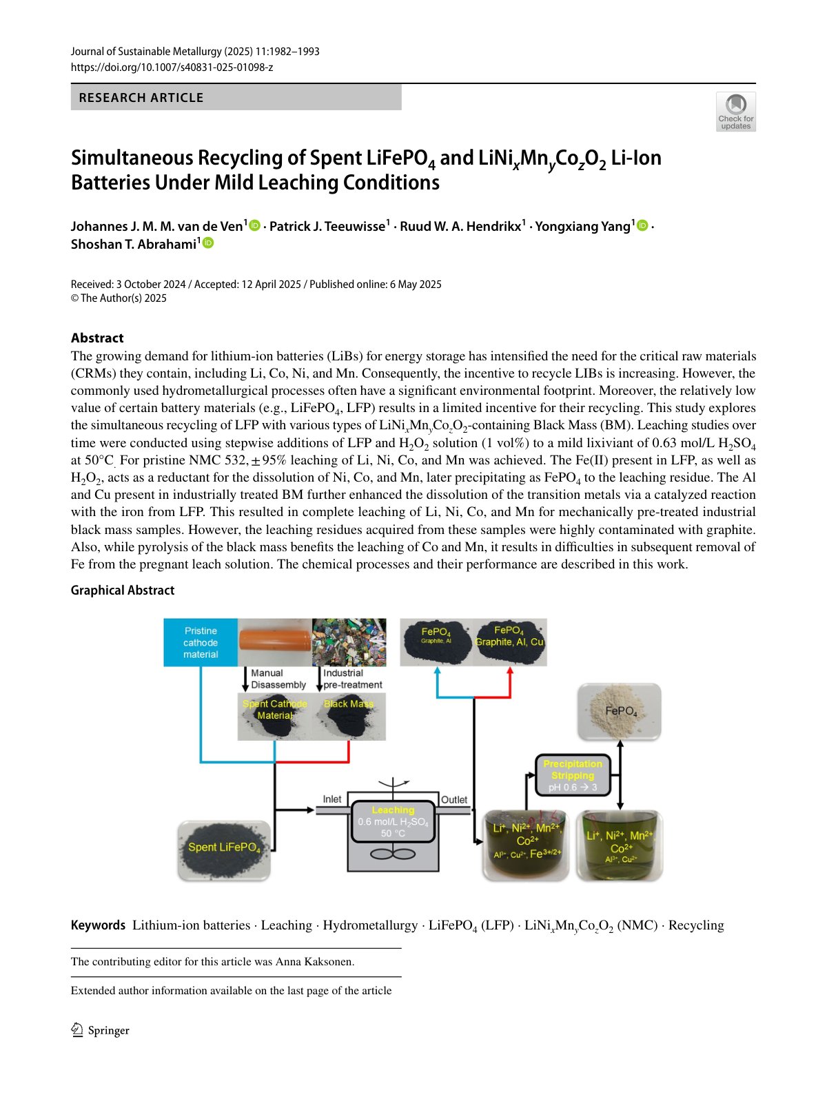First page of Simultaneous Recycling of Spent LiFePO4 and LiNixMnyCozO2 Li‑Ion Batteries Under Mild Leaching Conditions