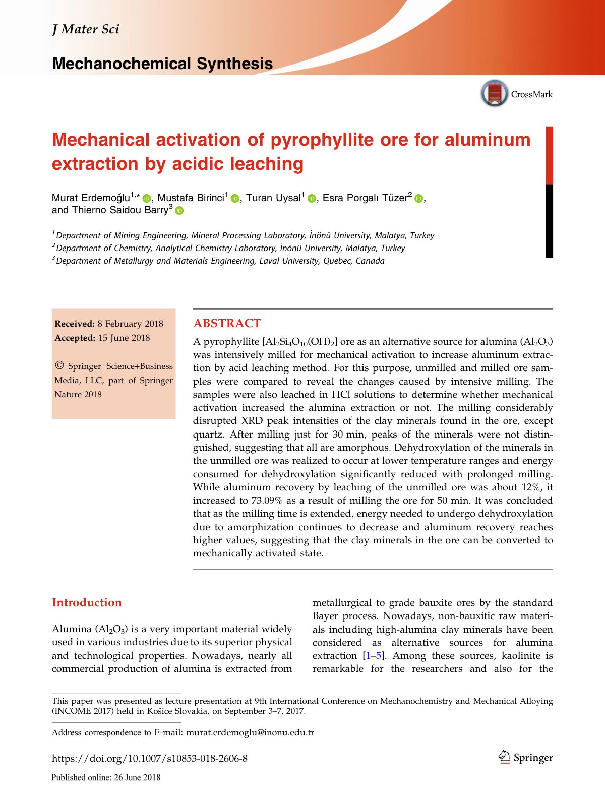 First page of MECHANOCHEMICAL SYNTHESIS Mechanical activation of pyrophyllite ore for aluminum extraction by acidic leaching