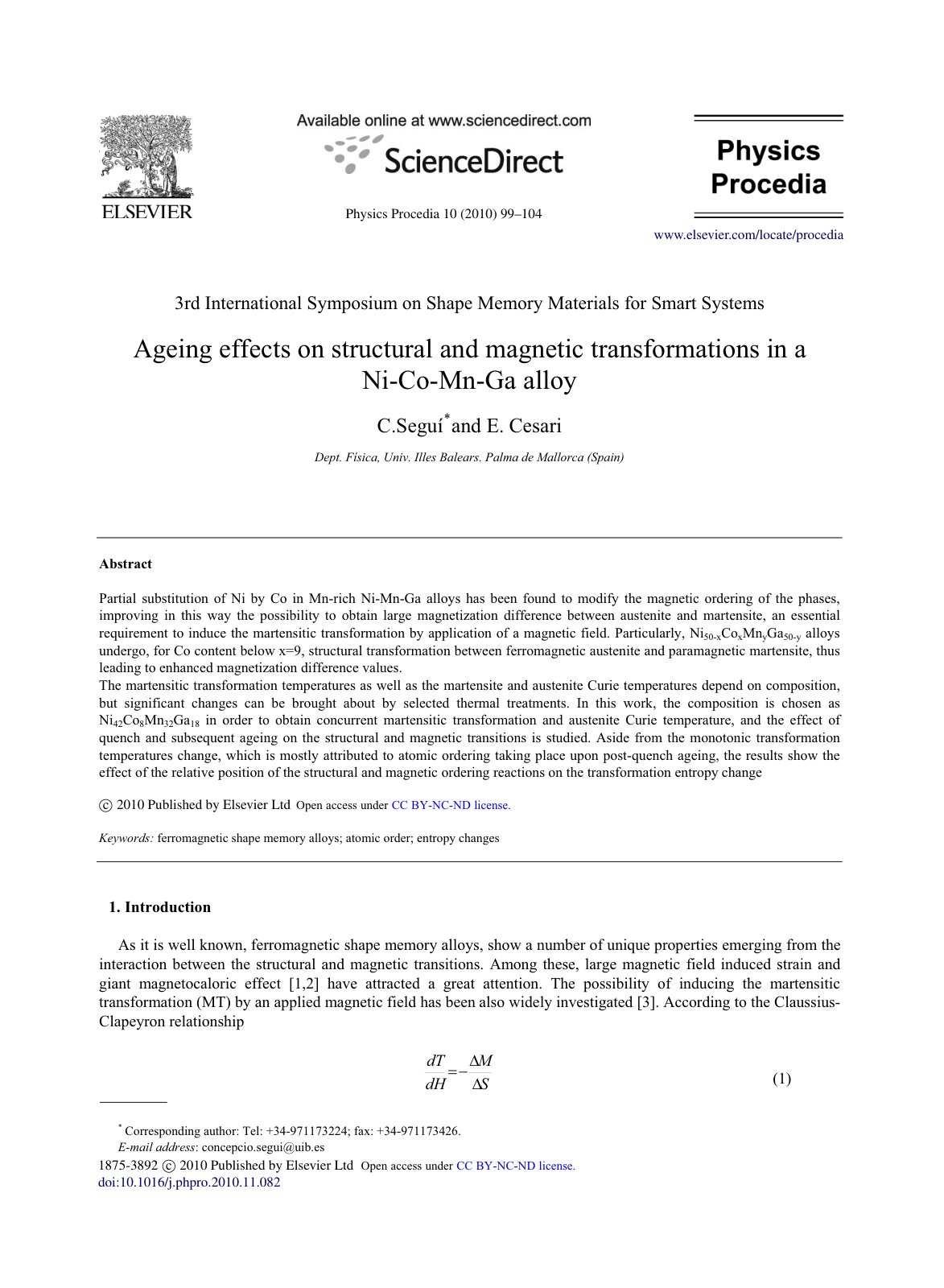 First page of Ageing effects on structural and magnetic transformations in a Ni-Co-Mn-Ga alloy