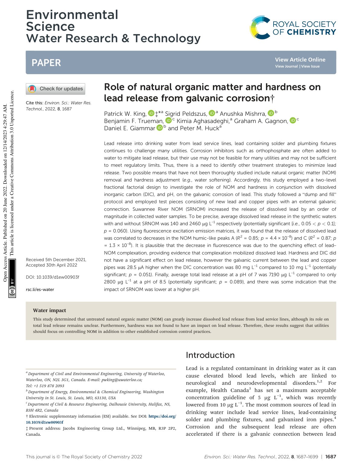 First page of Role of natural organic matter and hardn