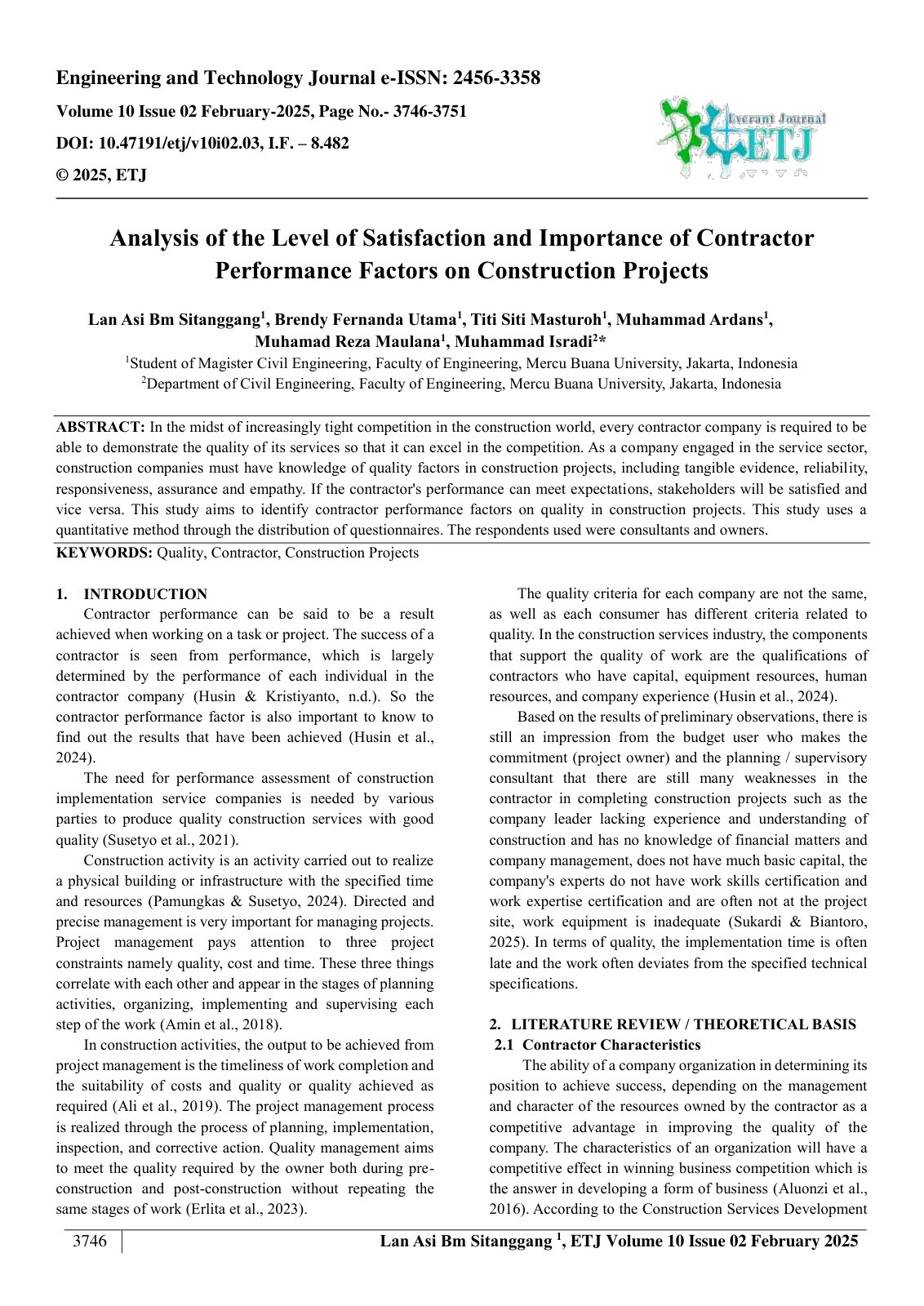 First page of Analysis of the Level of Satisfaction and Importance of Contractor  Performance Factors on Construction Projects  