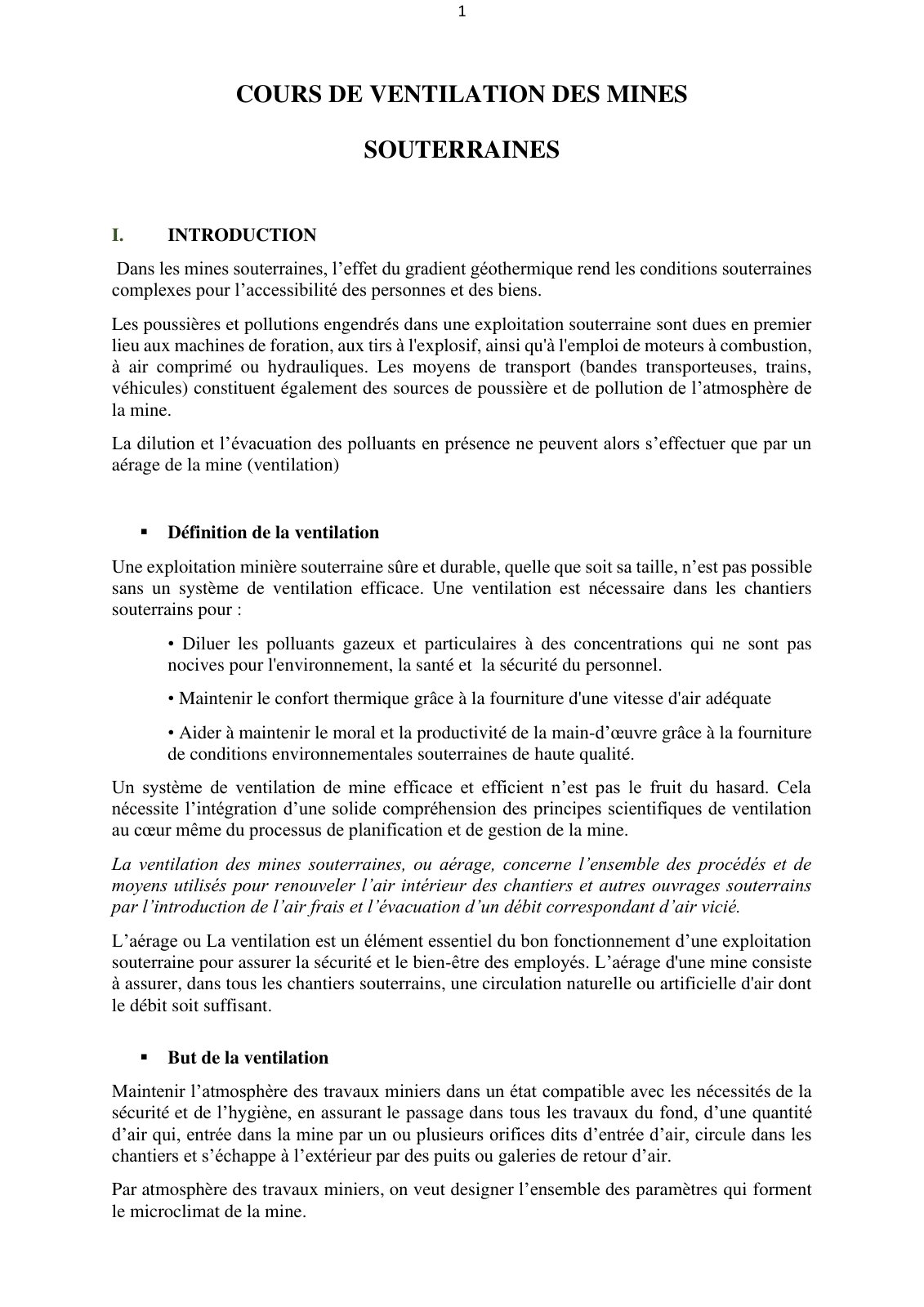 First page of Cours de ventilation des mines II apr2025